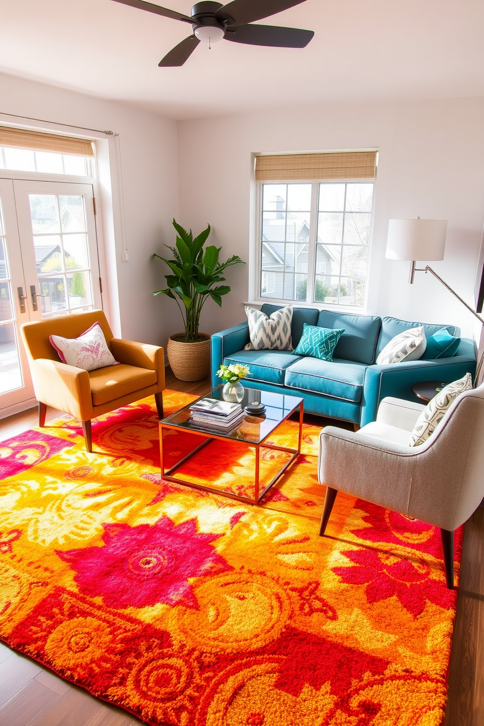 A vibrant area rug anchors the space in a small living room, adding a splash of color and texture to the overall design. The room features a cozy seating arrangement with a plush sofa and accent chairs that complement the rug's hues. Natural light floods in through large windows, enhancing the cheerful atmosphere of the room. Decorative pillows and a stylish coffee table complete the inviting look, making it a perfect spot for relaxation and social gatherings.