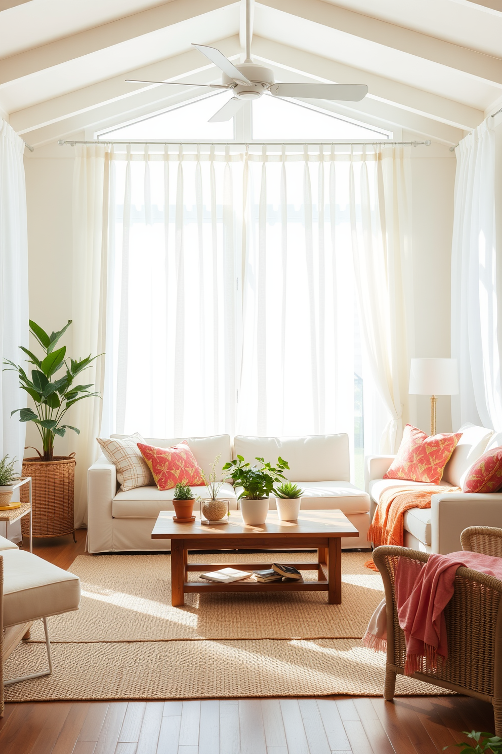 A bright and airy summer living room filled with natural light. The space features a comfortable light-colored sofa adorned with vibrant throw pillows and a soft area rug underfoot. Light linen curtains drape elegantly from the ceiling to the floor, allowing gentle breezes to flow through. A wooden coffee table sits in the center, surrounded by potted plants that add a touch of greenery.