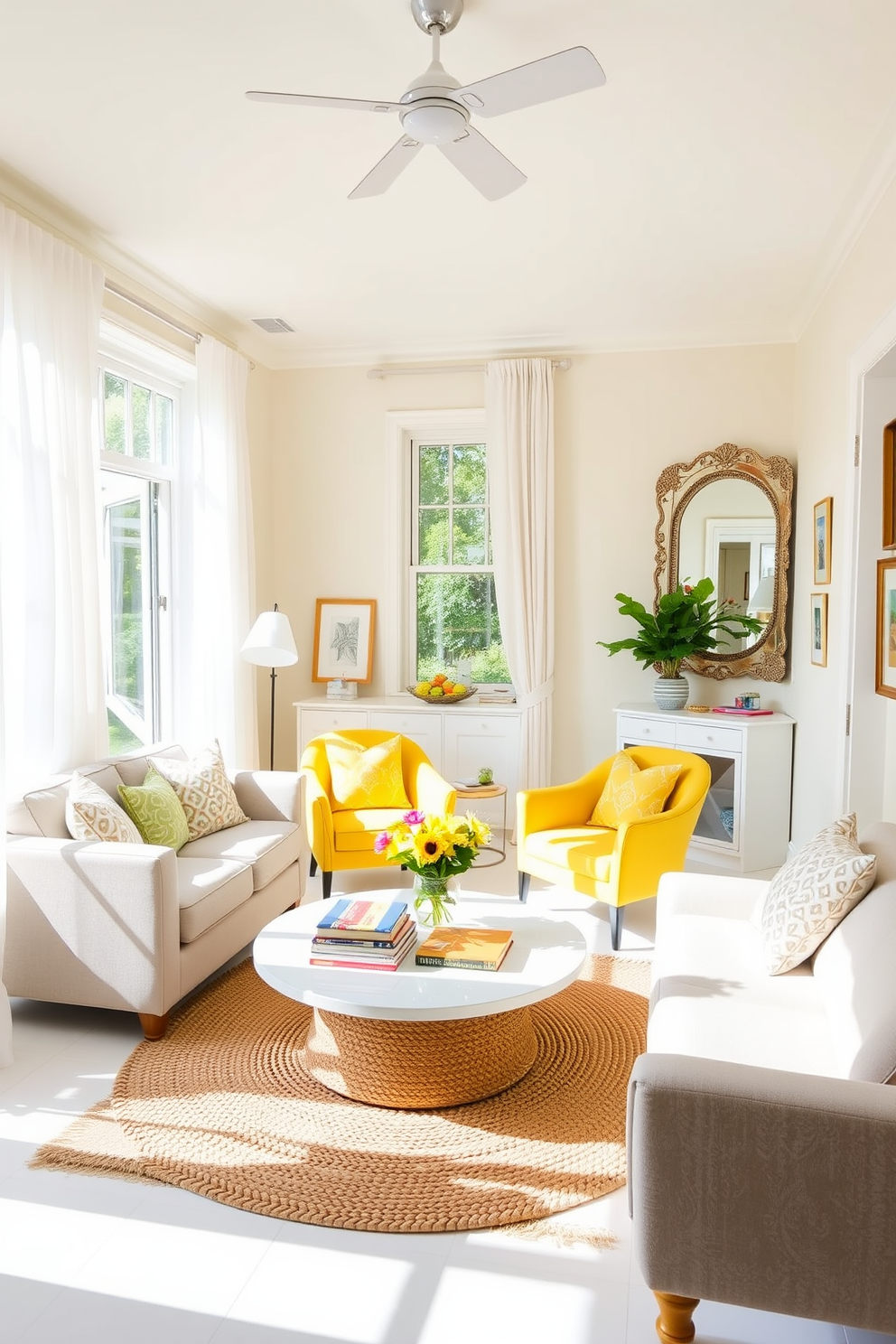 A bright and airy small living room filled with natural light. The space features large windows adorned with sheer white curtains, allowing sunlight to pour in and illuminate the room. A cozy seating arrangement includes a light gray sofa and a pair of vibrant yellow accent chairs, creating a cheerful atmosphere. A round coffee table sits in the center, topped with a stack of colorful books and a small potted plant. On one wall, a large decorative mirror reflects the light and enhances the sense of space. The walls are painted in a soft pastel hue, complementing the summer theme and adding warmth to the room. A woven area rug anchors the seating area, while a few framed art pieces add personality. Fresh flowers in a vase on the coffee table bring a touch of nature indoors, completing the inviting decor.