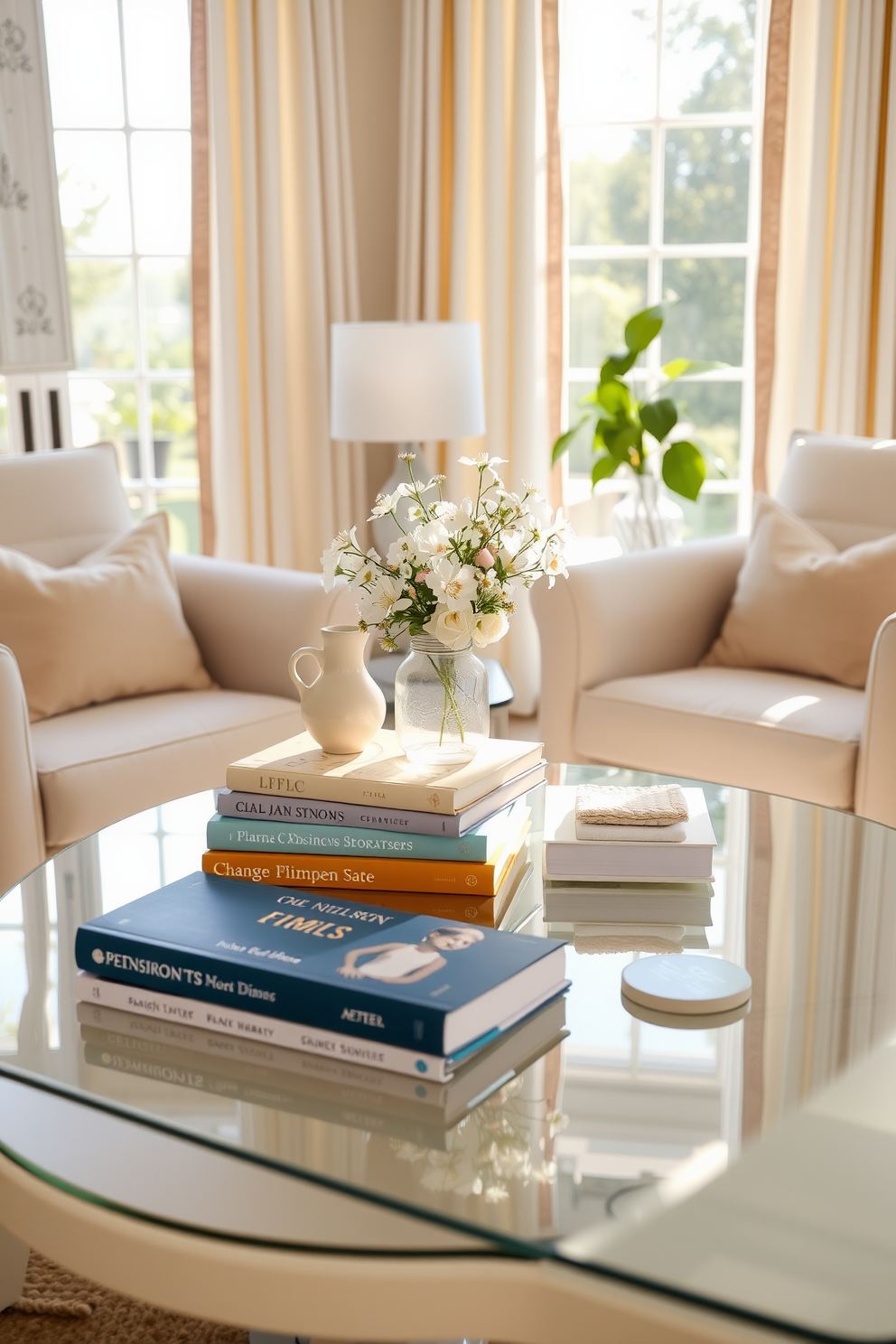 A cozy coffee table arrangement in a bright summer living room. The table is adorned with a stack of colorful books, a delicate ceramic vase filled with fresh flowers, and a set of matching coasters. Surrounding the table are a pair of plush armchairs upholstered in light fabric. Soft, sunlit curtains frame the windows, enhancing the cheerful ambiance of the space.