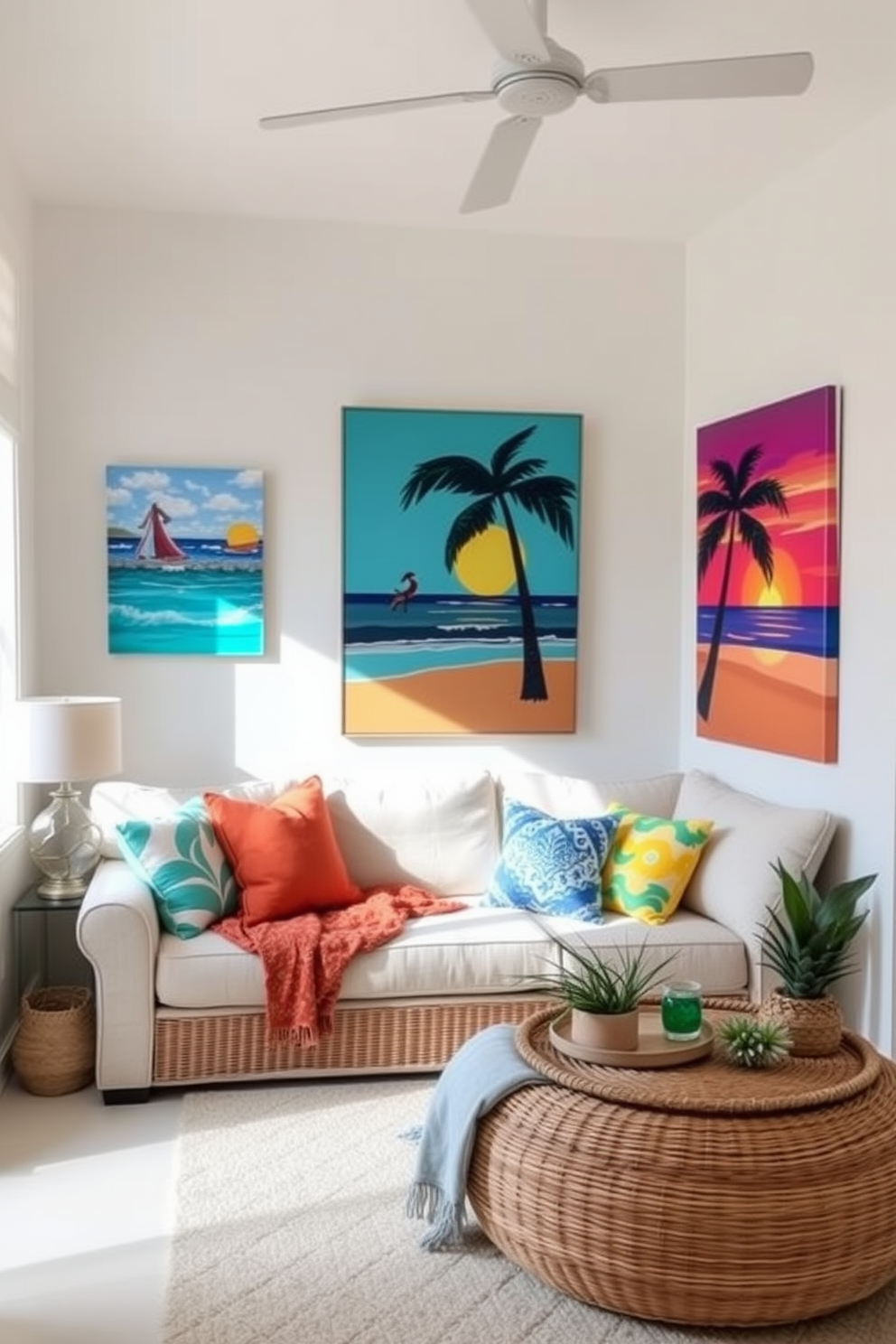 A bright and airy small living room features light-colored walls adorned with fun summer-themed artwork depicting beach scenes and vibrant sunsets. The space includes a cozy sectional sofa in a light fabric, complemented by colorful throw pillows and a woven coffee table adorned with tropical decor.