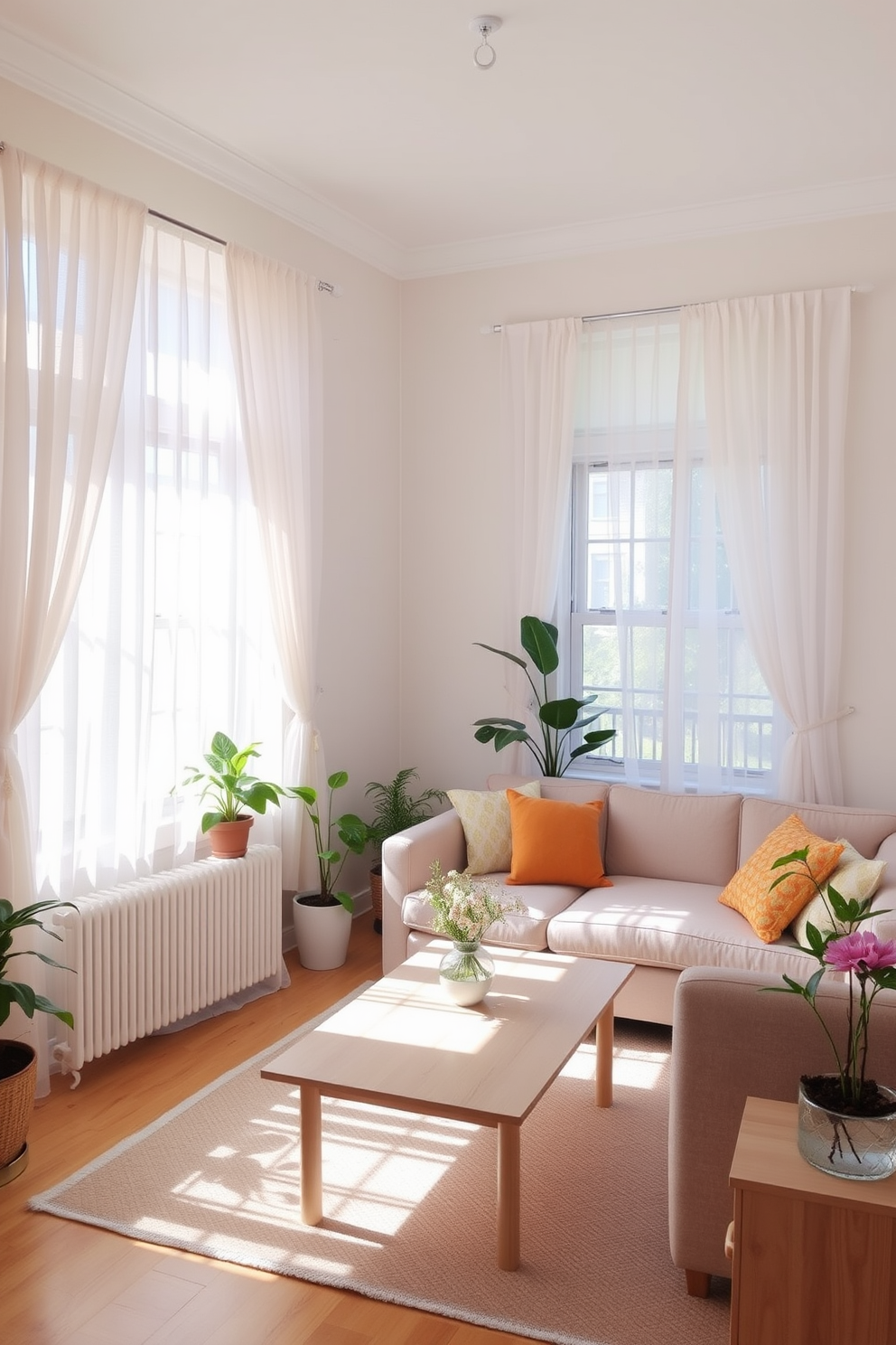 A bright and airy small living room features sheer window treatments that gently diffuse natural light. The furnishings include a cozy sectional sofa adorned with colorful throw pillows and a light wood coffee table at the center. The walls are painted in a soft pastel hue, creating a serene atmosphere. A few potted plants are strategically placed to add a touch of greenery and freshness to the space.