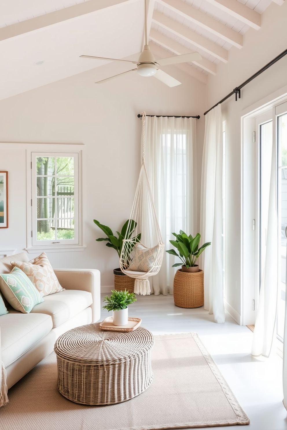 A cozy summer living room features a light and airy atmosphere with soft pastel colors. A stylish hammock chair is suspended from the ceiling in one corner, inviting relaxation and comfort. The seating arrangement includes a plush sofa adorned with colorful throw pillows and a woven coffee table. Large windows allow natural light to flood the space, complemented by sheer curtains that flutter gently in the breeze.