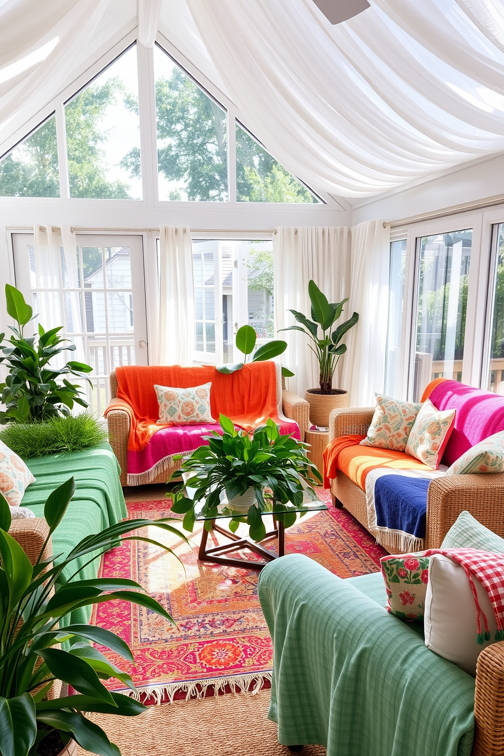 A cozy summer living room filled with natural light. The sofas are adorned with colorful throw blankets in vibrant hues, creating a cheerful and inviting atmosphere. A glass coffee table sits in the center, surrounded by lush green plants. Soft, sheer curtains flutter gently in the breeze, enhancing the light and airy feel of the space.