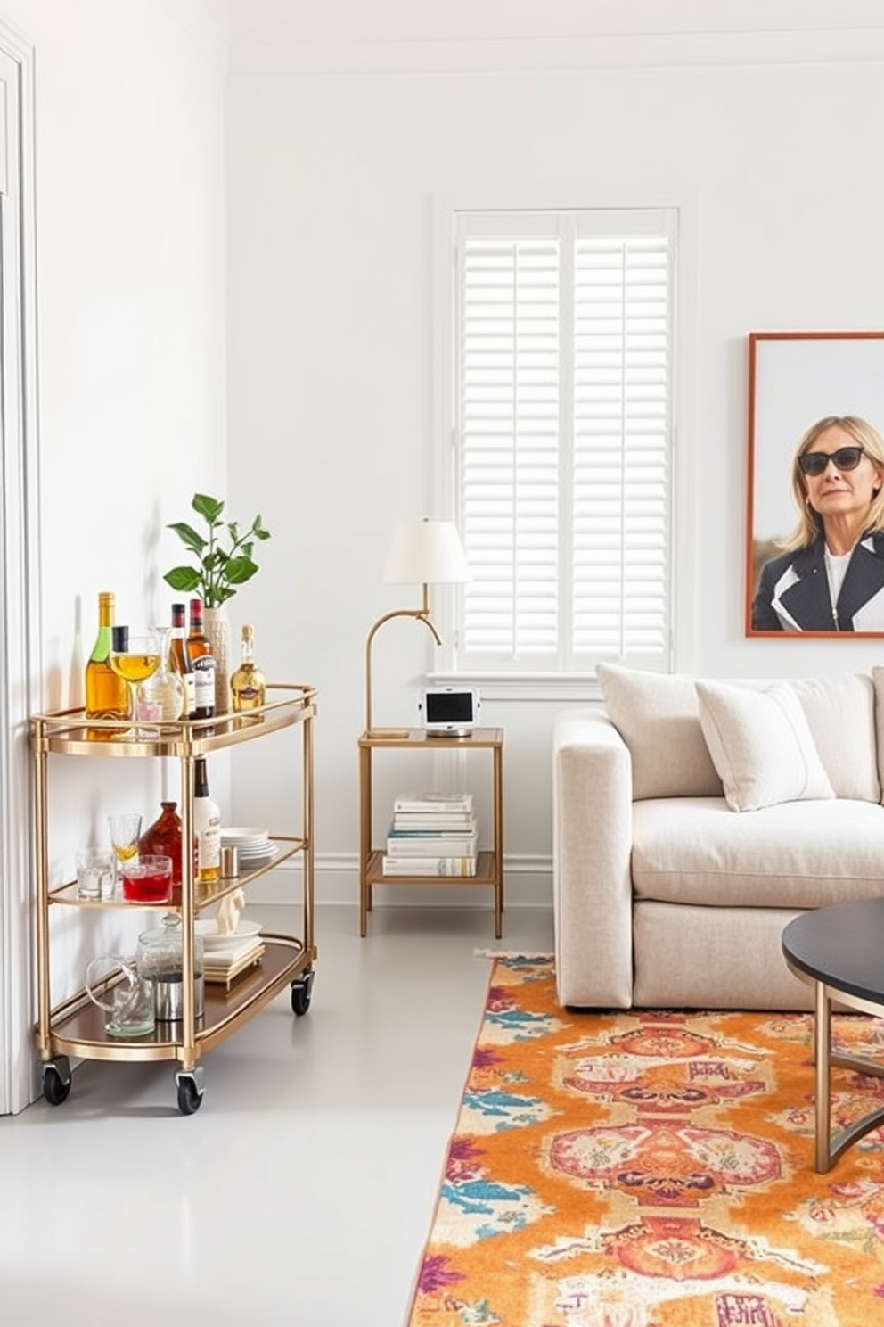 A bright and airy small living room featuring a stylish bar cart in the corner. The bar cart is adorned with an array of colorful glassware and a selection of premium spirits, complemented by a small potted plant on top. The seating area includes a cozy sectional sofa in a light fabric, paired with a chic coffee table. The walls are painted in a soft pastel hue, and a vibrant area rug adds warmth to the space.