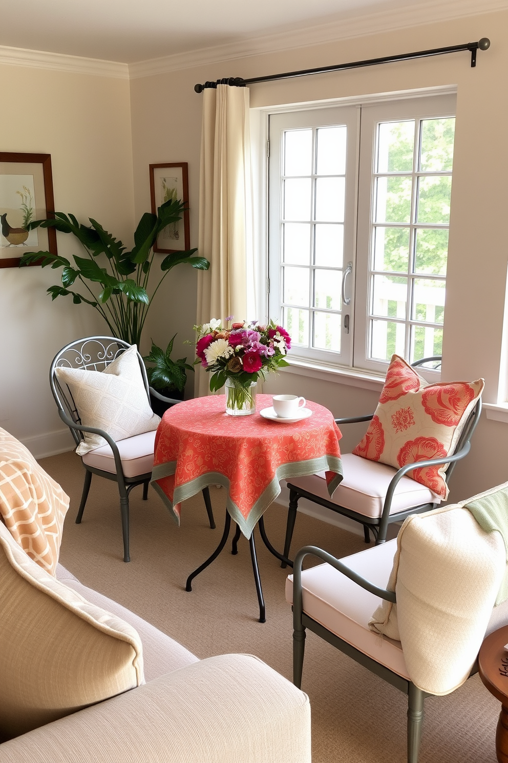 A cozy summer living room features a small bistro table set for two, adorned with a vibrant tablecloth and a bouquet of fresh flowers. Surrounding the table are comfortable chairs with soft cushions, creating an inviting space for relaxation and conversation. The walls are painted in a light pastel color, enhancing the airy feel of the room. Natural light streams in through large windows, illuminating the space and highlighting decorative accents like throw pillows and artwork.