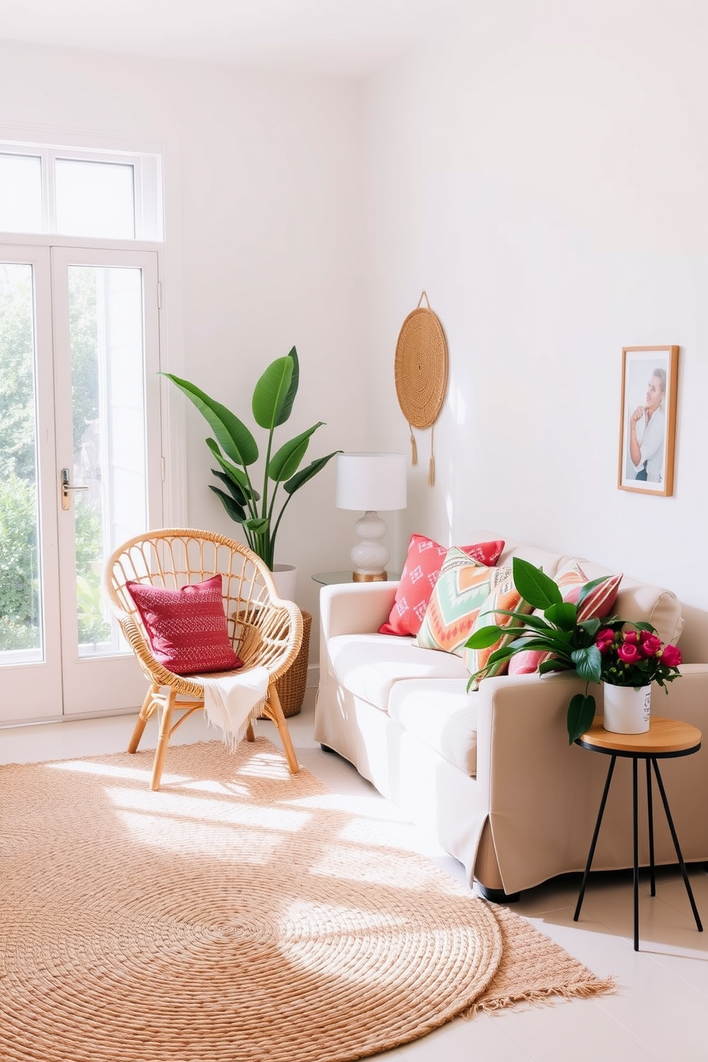 A cozy summer small living room filled with natural light. The space features a soft beige sofa adorned with vibrant throw pillows and a woven jute rug underfoot. In one corner, a rattan chair adds a touch of bohemian flair next to a small side table with a colorful plant. The walls are painted in a light pastel hue, creating a fresh and inviting atmosphere.