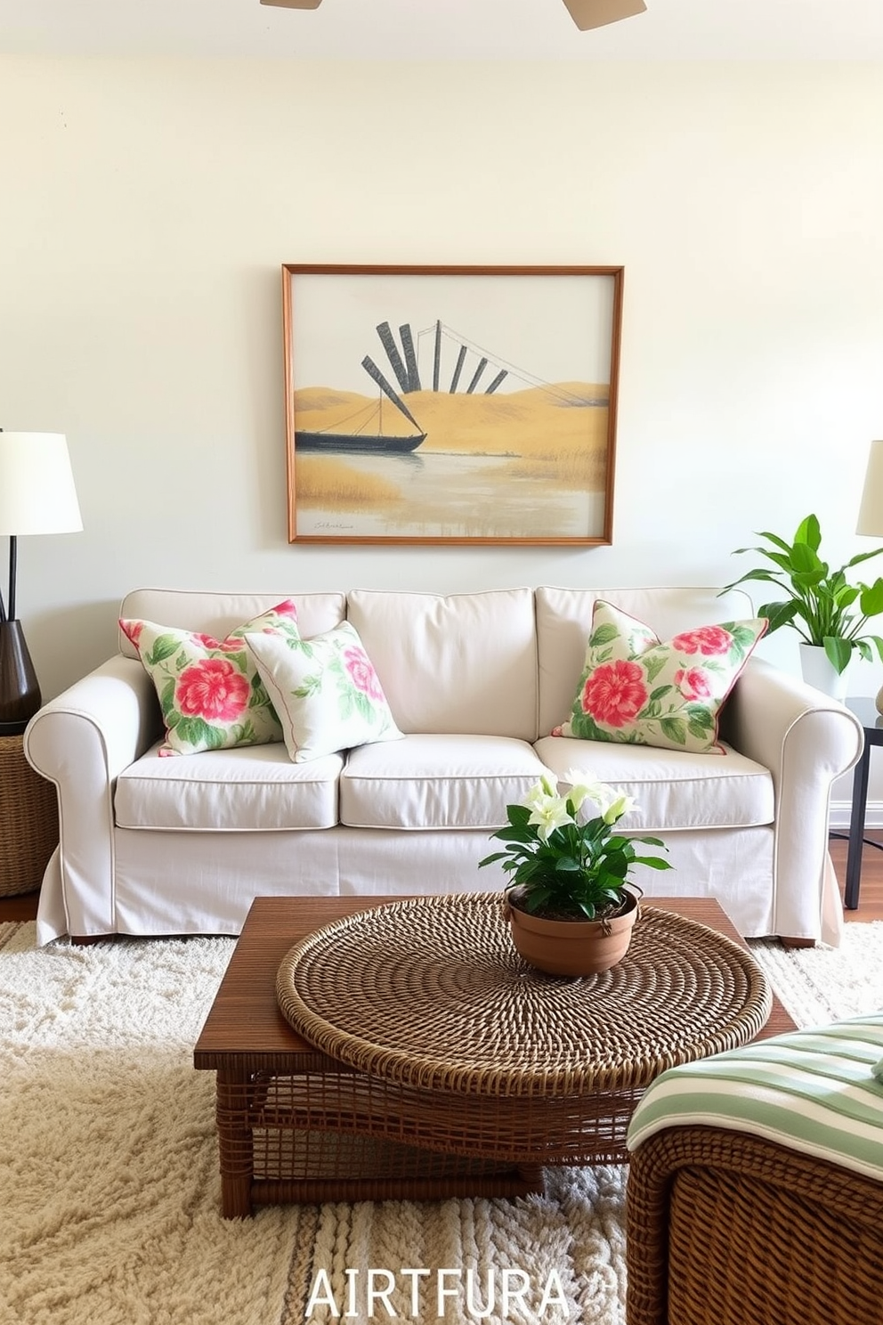 A cozy summer small living room features a light-colored sofa adorned with decorative pillows showcasing vibrant floral patterns. A woven coffee table sits in front of the sofa, surrounded by a soft area rug that adds warmth to the space.