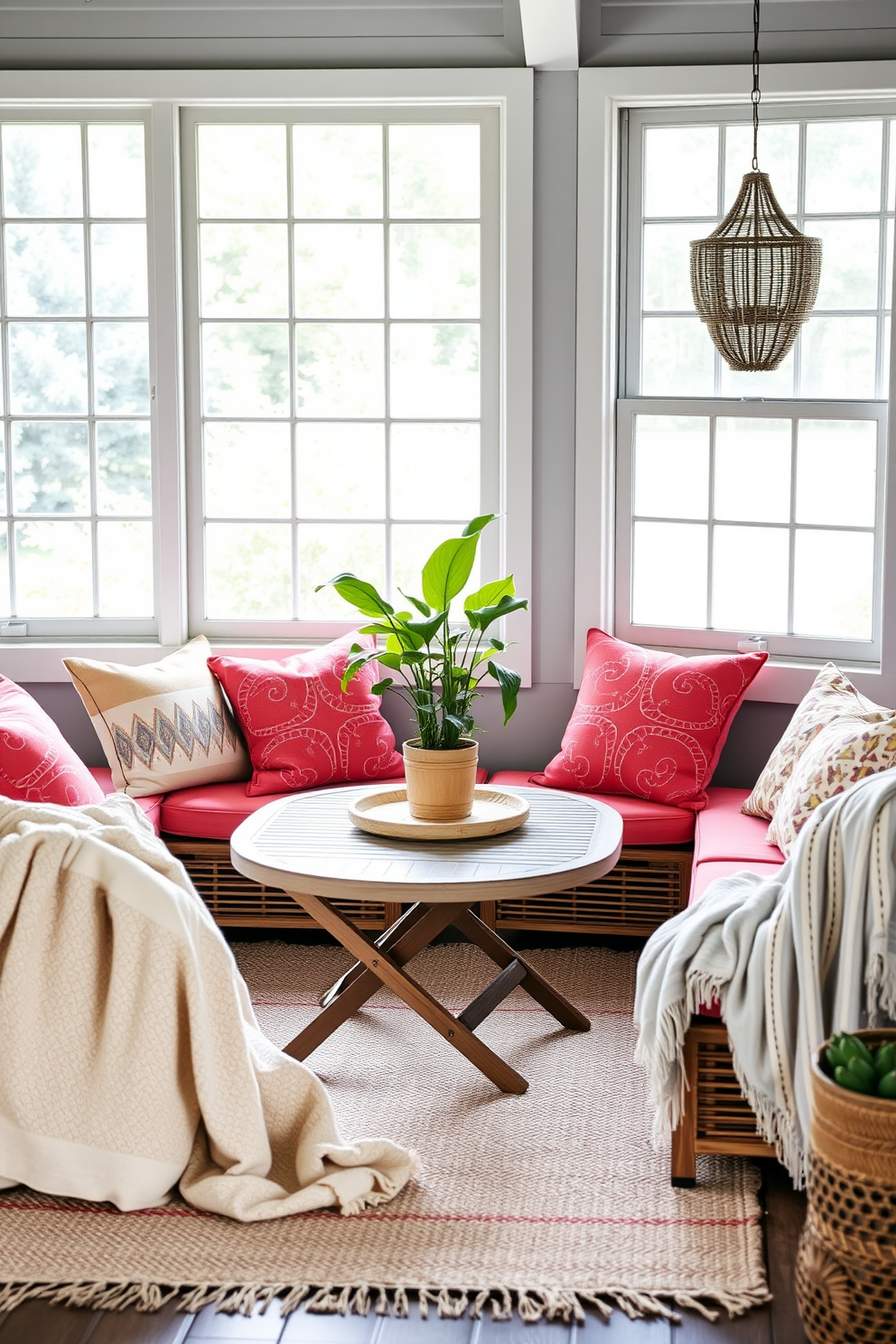 A cozy summer living room features a portable outdoor table set against a backdrop of large windows that invite natural light. The space is adorned with vibrant cushions and a light, airy color palette that enhances the relaxed atmosphere. In one corner, a stylish potted plant adds a touch of greenery, complementing the outdoor-inspired decor. Soft throw blankets are casually draped over the furniture, creating an inviting space for gatherings and relaxation.