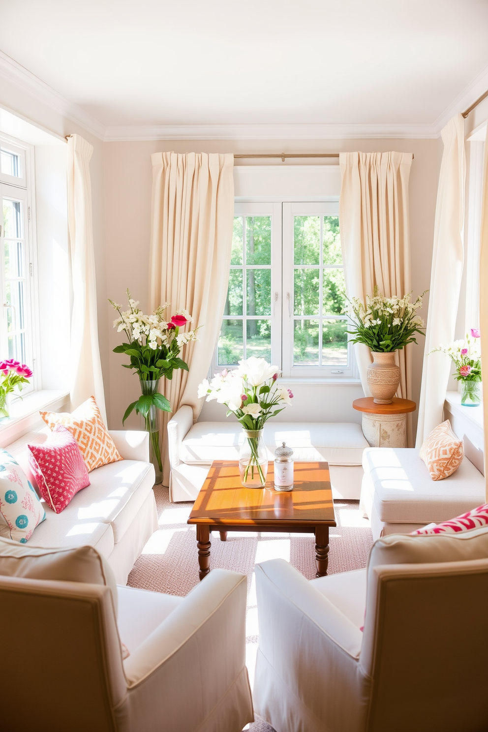 A bright and airy small living room filled with natural light. The space features a light-colored sofa adorned with colorful throw pillows and a wooden coffee table in the center. Fresh flowers in elegant vases are placed on the coffee table and window sills, adding a touch of nature. The walls are painted in a soft pastel hue, complemented by light drapes that flutter gently in the breeze.