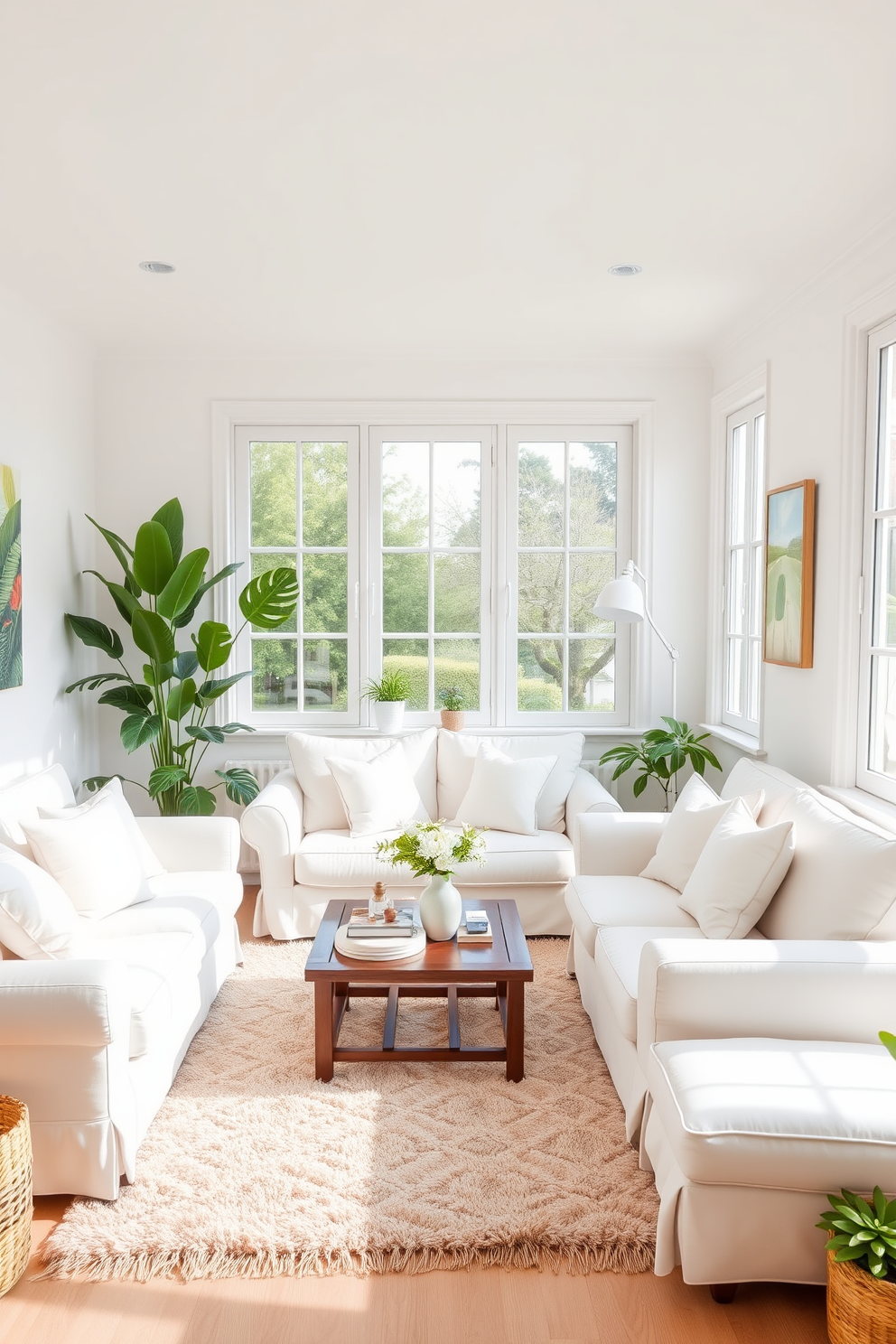 A bright and airy small living room features white furniture accents that create a fresh and inviting atmosphere. The space is adorned with light pastel cushions and a soft area rug that adds warmth and comfort. Large windows allow natural light to flood the room, enhancing the cheerful ambiance. Potted plants are strategically placed to bring a touch of nature indoors, complementing the overall decor.