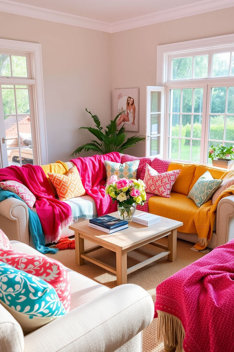 A cozy summer living room filled with vibrant and colorful blankets draped over a plush sofa. The walls are painted in a soft pastel hue, and a large window allows natural light to flood the space, creating a warm and inviting atmosphere. Accent pillows in various patterns complement the blankets, adding texture and depth to the seating area. A light wooden coffee table sits in the center, adorned with a vase of fresh flowers and a few stylish books.