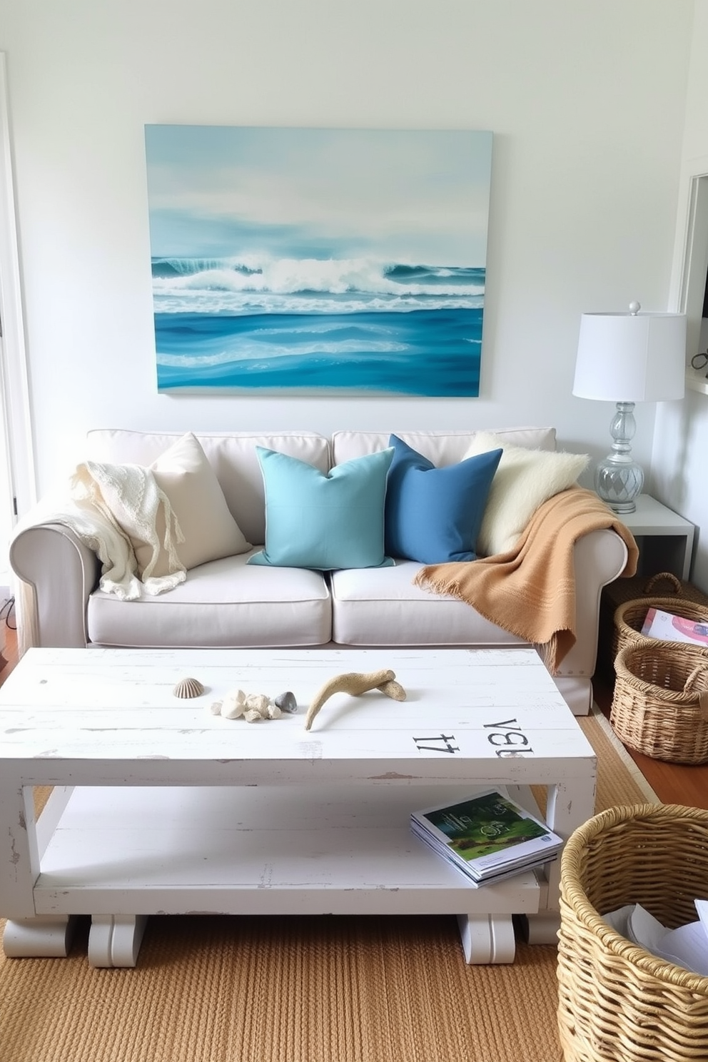 A bright and airy small living room features coastal-themed decor that brings the beach indoors. Soft blue and sandy beige accents are used throughout the space, with throw pillows and a cozy blanket draped over a light-colored sofa. A large piece of ocean-inspired artwork hangs above a whitewashed coffee table made of reclaimed wood. Shells and driftwood are arranged artfully on the table, while a woven basket holds magazines in one corner.