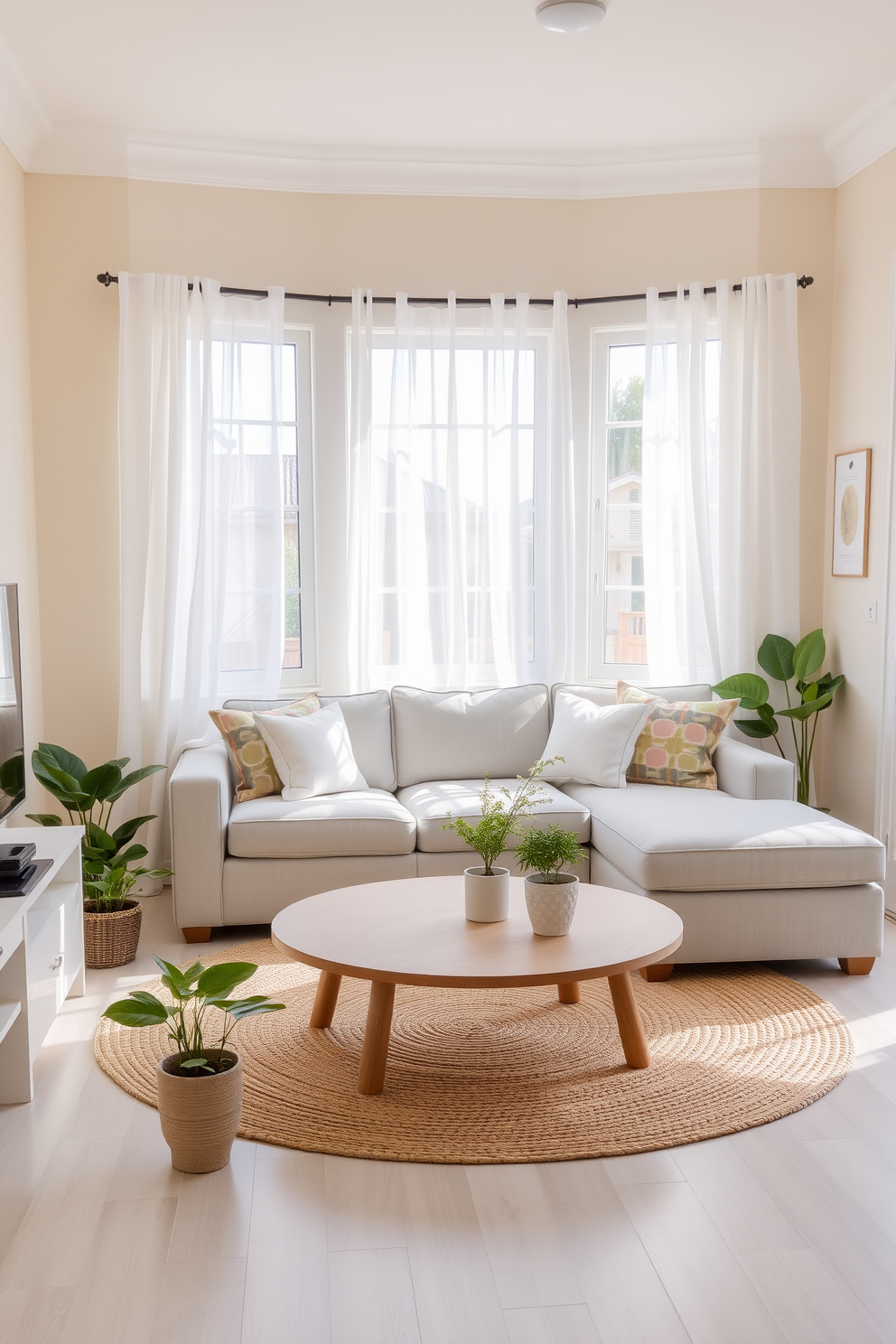 A bright and airy small living room adorned with a light color palette. Soft beige walls create a warm backdrop, while a light gray sectional sofa is accented with pastel throw pillows. Natural light floods the space through large windows dressed in sheer white curtains. A round wooden coffee table sits atop a light jute rug, surrounded by a few potted green plants for a refreshing touch.