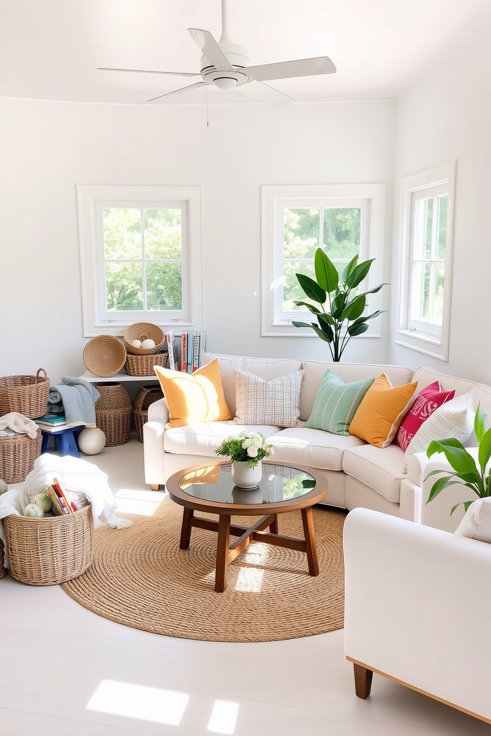 A cozy summer living room filled with natural light. Soft white walls create a serene backdrop for a light beige sofa adorned with colorful throw pillows. In one corner, a collection of wicker baskets provides stylish storage for blankets and magazines. A round jute rug anchors the seating area, while a wooden coffee table with a glass top adds a touch of elegance.