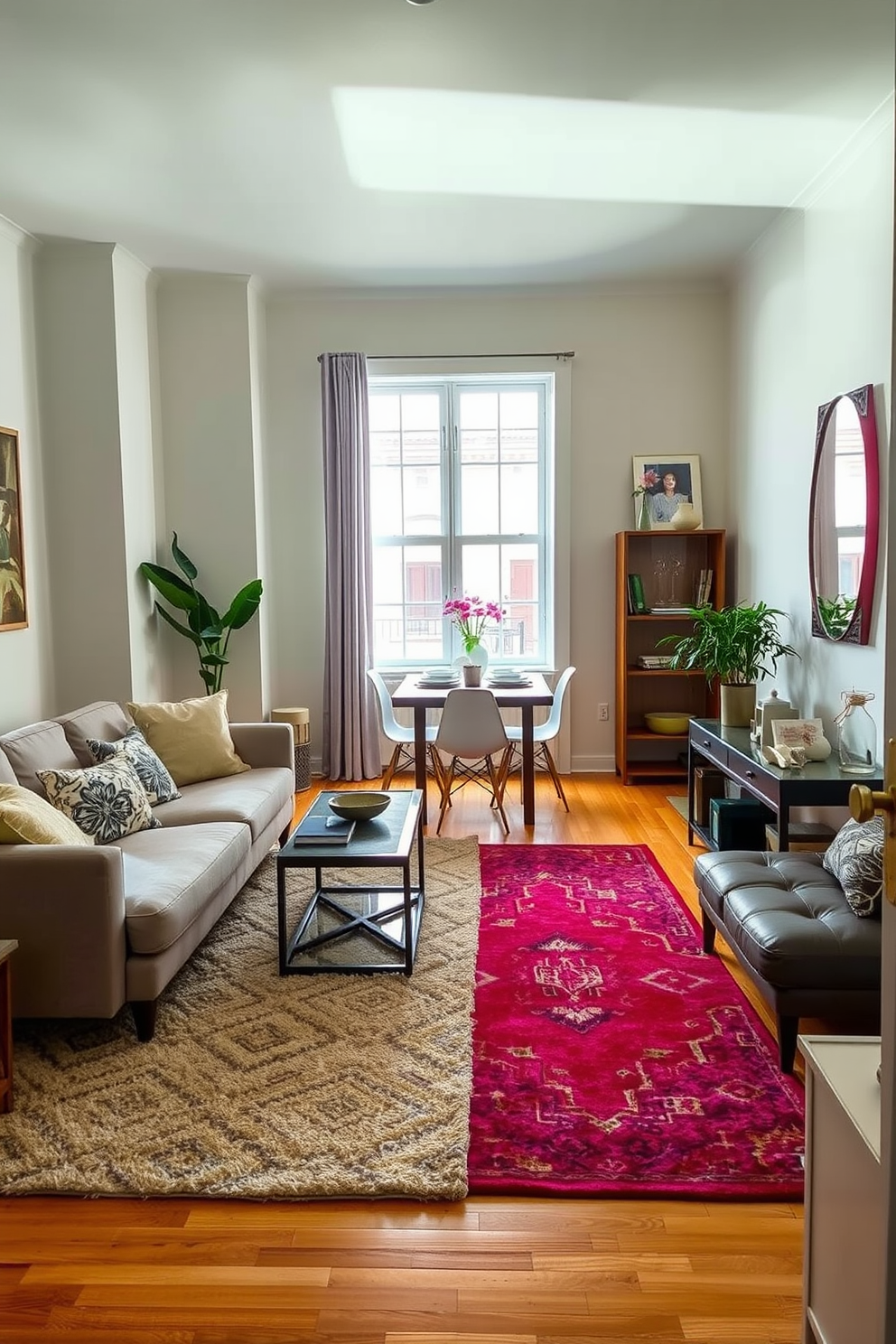 A cozy living area featuring a soft area rug that delineates the seating arrangement. The rug is layered over hardwood floors, providing warmth and texture to the space. In a small apartment, a vibrant area rug anchors the dining nook, creating a defined space for meals. The rug complements the surrounding decor, adding a pop of color and enhancing the overall aesthetic.