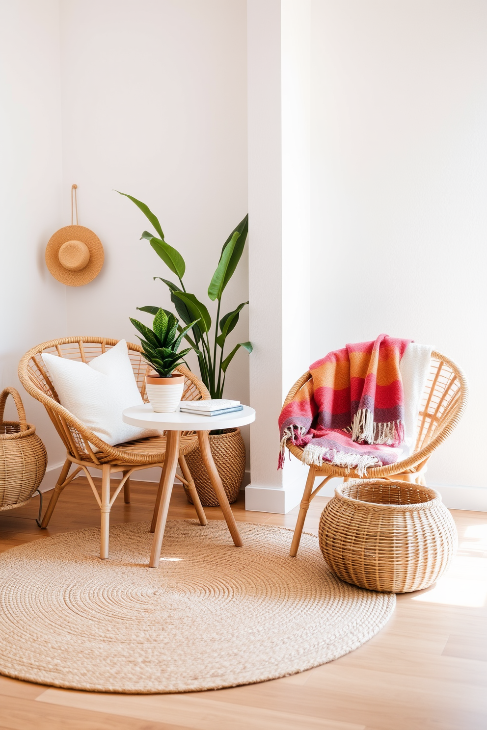 A cozy summer living space filled with natural textures. A wicker chair is placed next to a small round table adorned with a potted plant and a colorful throw blanket. The walls are painted in a soft pastel hue, enhancing the airy feel of the room. A light jute rug covers the wooden floor, adding warmth and comfort to the space.