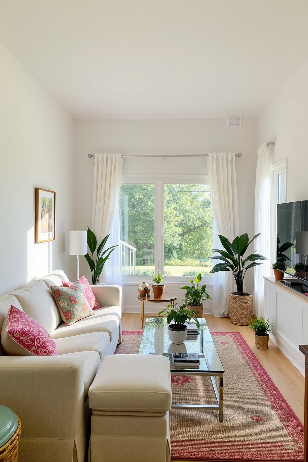 A bright and airy living room with walls painted in soft pastel hues. The space is adorned with light-colored furniture, including a cozy sofa and a glass coffee table, creating an inviting atmosphere. Natural light floods the room through large windows dressed with sheer curtains. Decorative elements like potted plants and colorful throw pillows add a touch of vibrancy to the small space.