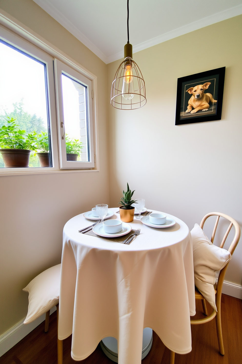 A cozy dining area featuring a small round table set for two, adorned with a light linen tablecloth and elegant dishware. Surrounding the table are two comfortable chairs with soft cushions, positioned near a window that lets in ample natural light. The walls are painted in a soft pastel hue, creating a warm and inviting atmosphere. A small potted plant sits on the table, adding a touch of greenery, while a stylish pendant light hangs above, providing a focal point for the space.