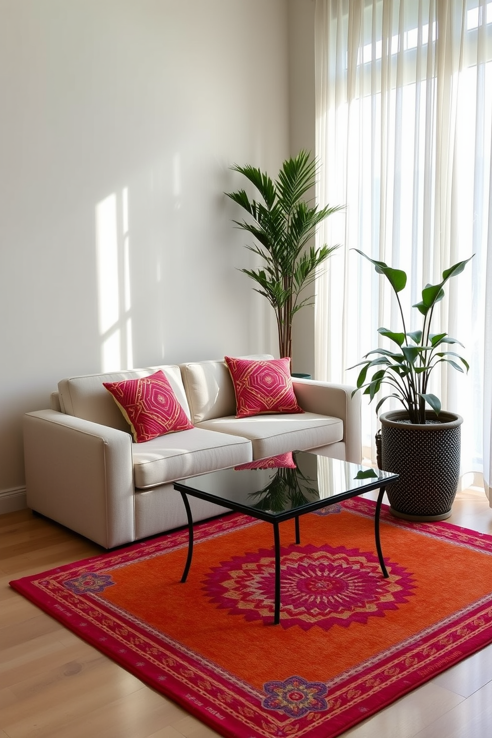 A compact sofa in a light fabric is positioned against a wall, complemented by a pair of colorful throw pillows. A small coffee table with a glass top sits in front, surrounded by a vibrant area rug that adds warmth to the space. To the side, a tall plant in a decorative pot adds a touch of greenery, enhancing the summer vibe. Natural light streams in through sheer curtains, creating an inviting atmosphere perfect for relaxation.