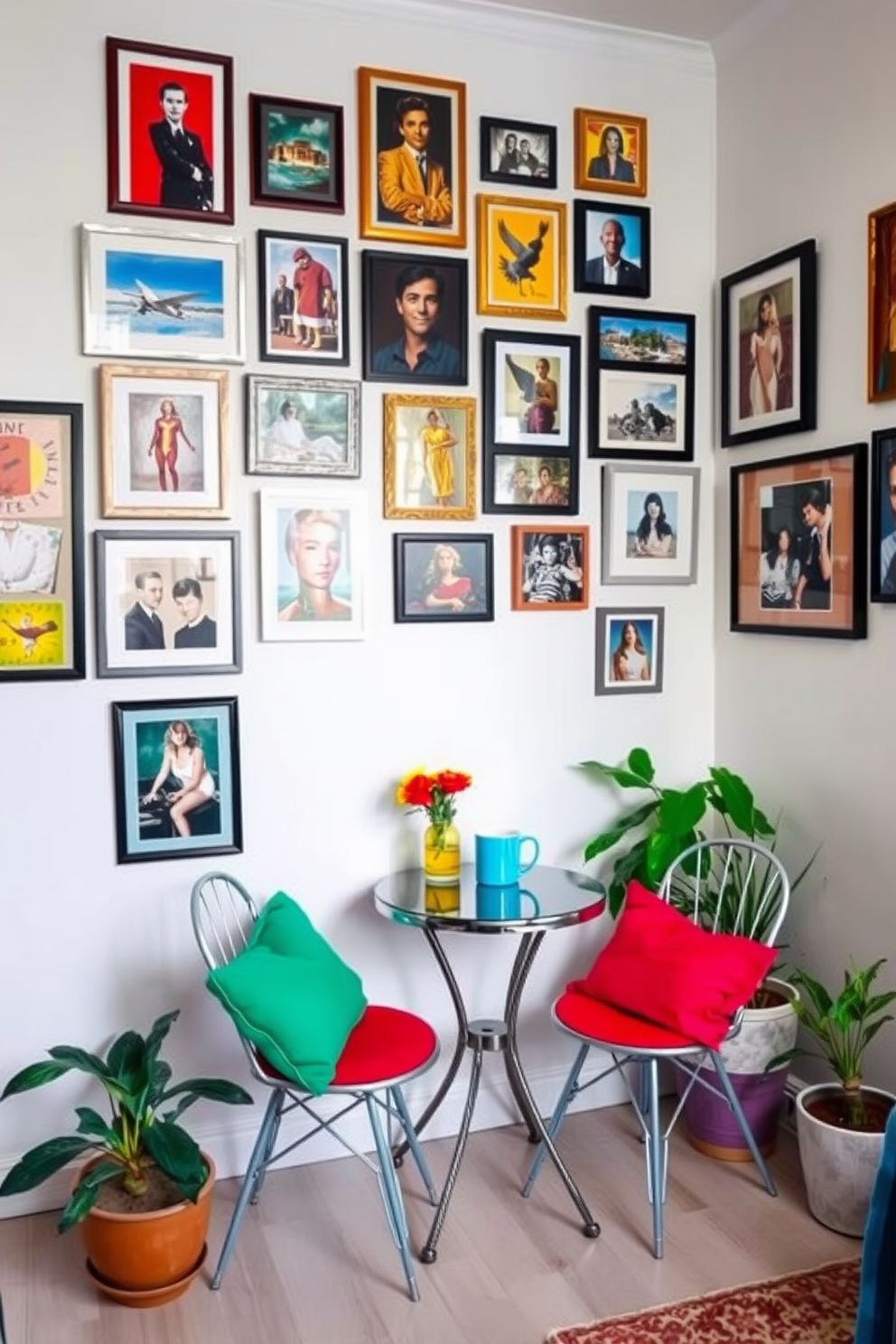 A vibrant gallery wall adorns the living room, featuring an eclectic mix of framed art pieces and photographs that showcase personal memories and artistic flair. The wall is painted in a soft white to enhance the colors of the artwork, creating a focal point that draws the eye. In the cozy corner of the room, a small bistro table is set up with two stylish chairs, perfect for enjoying morning coffee or evening conversations. Brightly colored cushions add a pop of color, while potted plants bring a refreshing touch of nature to the limited space.