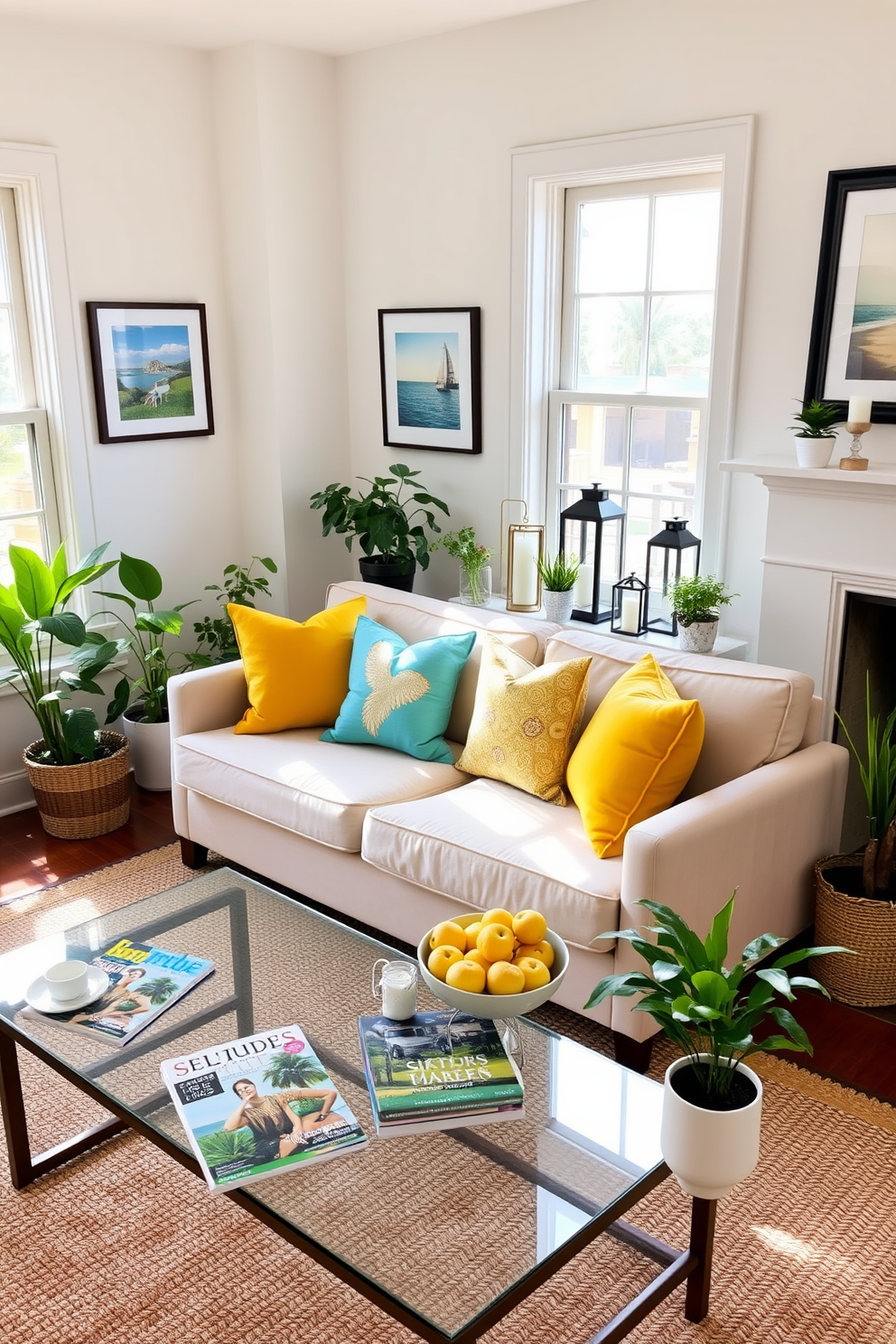 A cozy living room filled with natural light. A light beige sofa is adorned with vibrant throw pillows in shades of yellow and turquoise, complemented by a woven area rug. The coffee table is topped with a bowl of fresh fruit and a stack of colorful summer magazines. Potted plants in varying heights are positioned near the windows, adding a touch of greenery to the space. On the walls, framed artwork depicting summer landscapes brings a cheerful vibe. A few decorative lanterns with candles are placed on the mantel, creating a warm and inviting atmosphere.