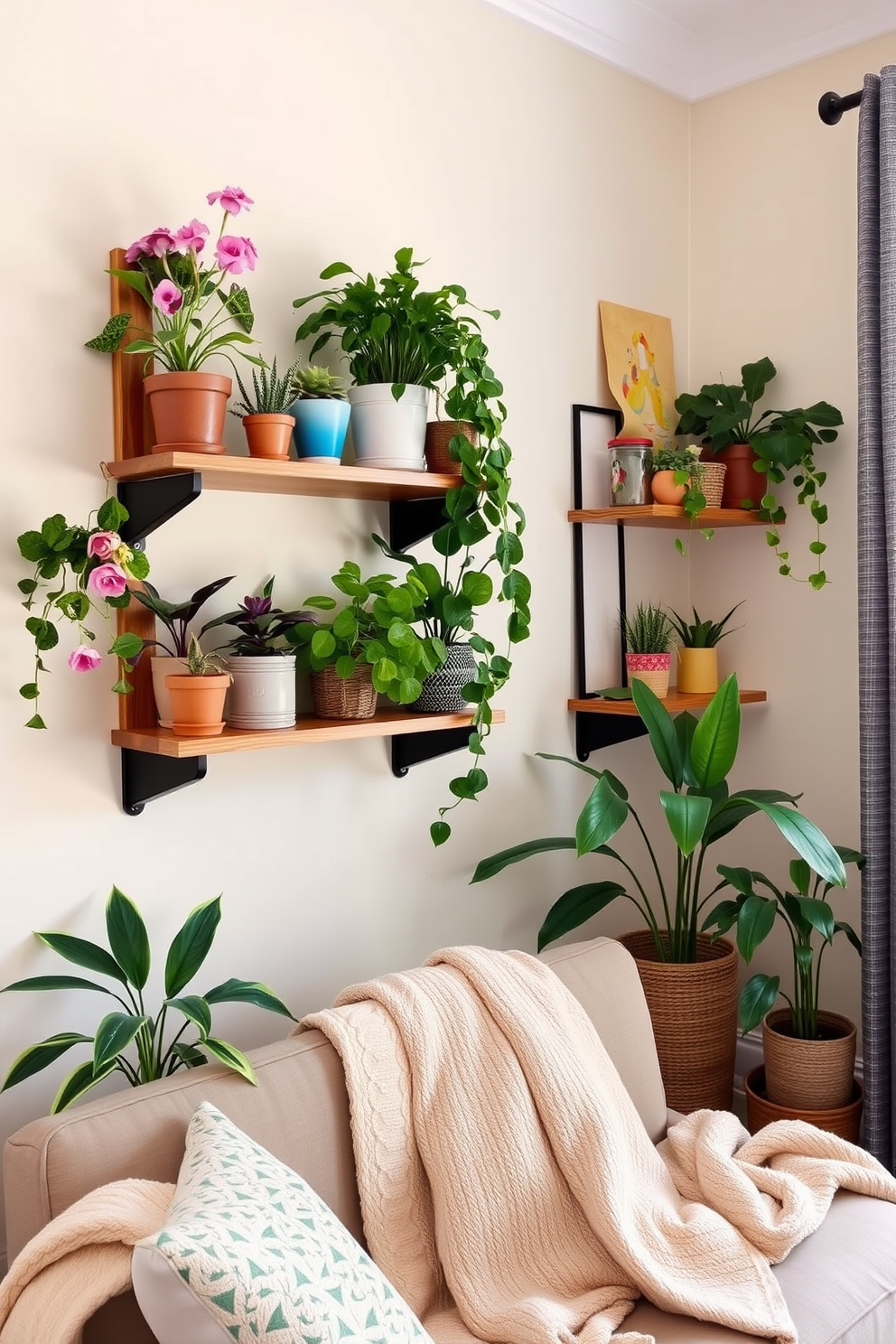 Create a cozy summer-inspired small space living room that features wall-mounted shelves adorned with vibrant potted plants and colorful decorative items. The walls are painted in a light pastel hue, and a comfortable seating area with a soft throw blanket invites relaxation.