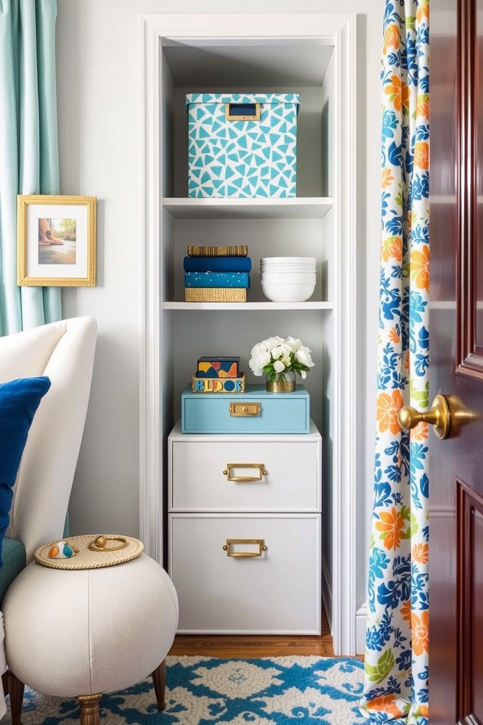 Create a stylish small space that utilizes decorative boxes for organizing clutter. Incorporate vibrant summer colors and light fabrics to enhance the airy feel of the room.