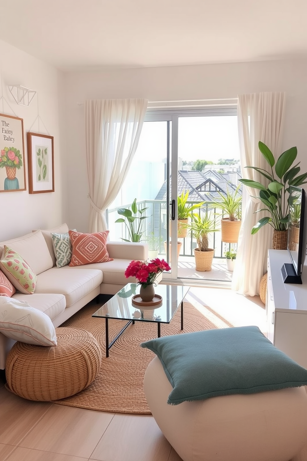 A cozy living area designed for summer comfort. The space features a light-colored sectional sofa adorned with vibrant throw pillows, complemented by a glass coffee table and a woven area rug. To enhance space efficiency, a sliding door opens to a small balcony adorned with potted plants. Natural light floods the room through sheer curtains, creating a bright and airy atmosphere perfect for relaxation.