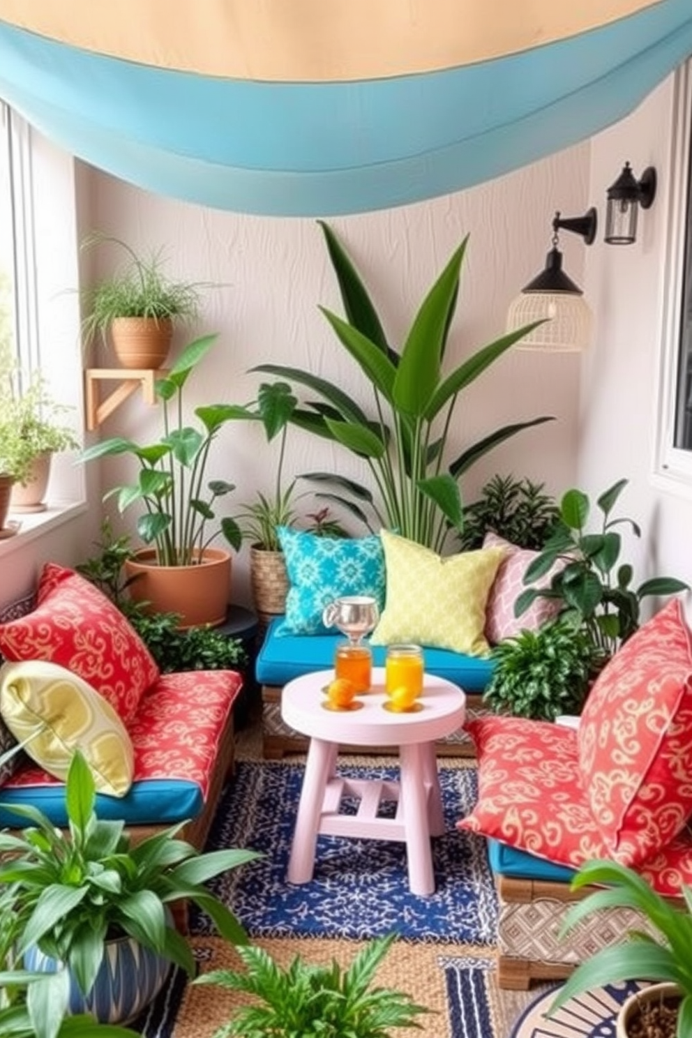 Create a cozy indoor seating area featuring vibrant outdoor cushions that add comfort and style. The space is designed for summer, incorporating light fabrics and cheerful colors to enhance the small area. Incorporate a small table with a playful design, perfect for holding drinks and snacks. Surround the seating with potted plants to bring a touch of nature indoors and create a refreshing atmosphere.