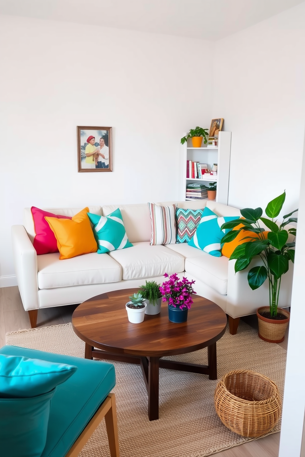 A cozy living room featuring a small sofa adorned with bright throw pillows in vibrant colors. A round coffee table sits in front, surrounded by a few potted plants and a lightweight rug that adds texture to the space. The walls are painted in a soft white to enhance the light and airy feel of the room. A small bookshelf in the corner displays decorative items and books, creating a personalized touch in this summer-inspired small space.