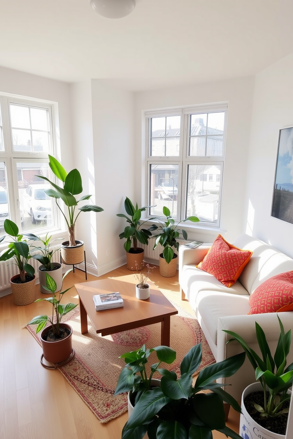 A cozy living room filled with natural light. There are several indoor plants in stylish pots placed around the room, bringing a touch of freshness to the space. The furniture is arranged to maximize the small area while maintaining a comfortable flow. A light-colored sofa is paired with a wooden coffee table, and vibrant throw pillows add a pop of color.