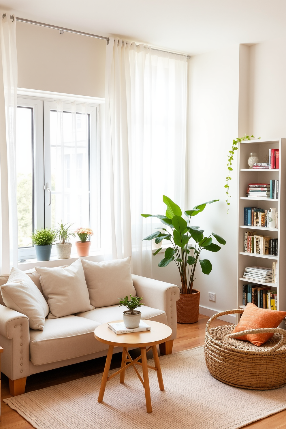 A cozy living area featuring a corner sofa with soft cushions and a small round coffee table. The walls are painted in a light pastel color, and a few potted plants are placed on the windowsill to enhance the summer vibe. In the opposite corner, a sleek bookshelf holds a collection of colorful books and decorative items. A lightweight area rug adds warmth to the space, while sheer curtains allow natural light to filter in beautifully.