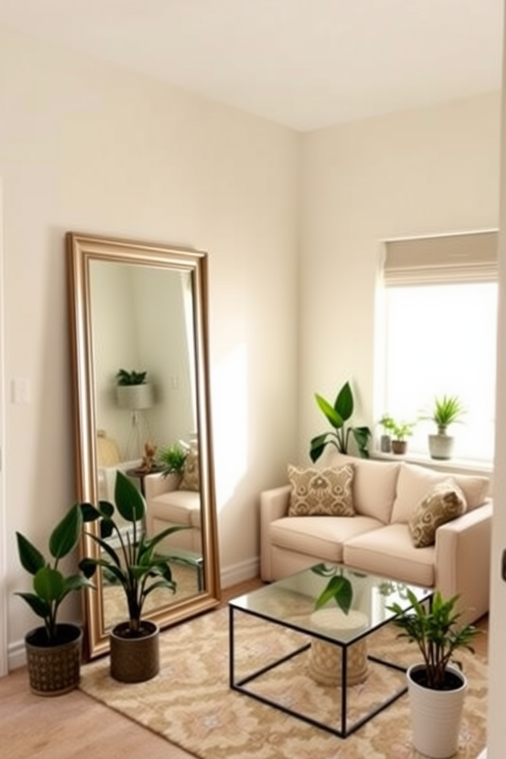 A cozy living room that utilizes mirrors to enhance the sense of space. The walls are painted in a soft pastel hue, and a large floor mirror is positioned opposite a window to reflect natural light. A stylish sectional sofa in a light fabric is paired with a glass coffee table. Accents of greenery from potted plants are strategically placed to bring life to the small area while maintaining an airy feel.