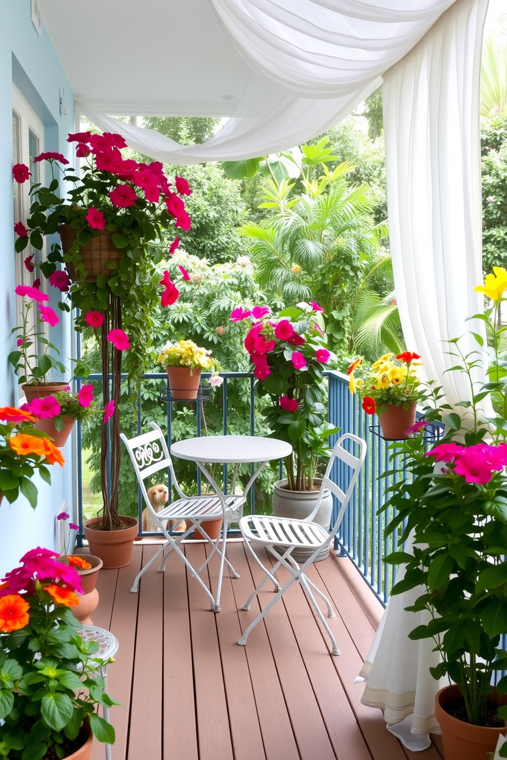 A cozy balcony retreat adorned with potted plants and vibrant flowers. A small bistro table with two chairs sits on the wooden deck, providing a perfect spot for morning coffee. The walls are painted in a light sky blue, complementing the greenery outside. Soft, lightweight curtains flutter gently in the breeze, adding a touch of elegance to the space.