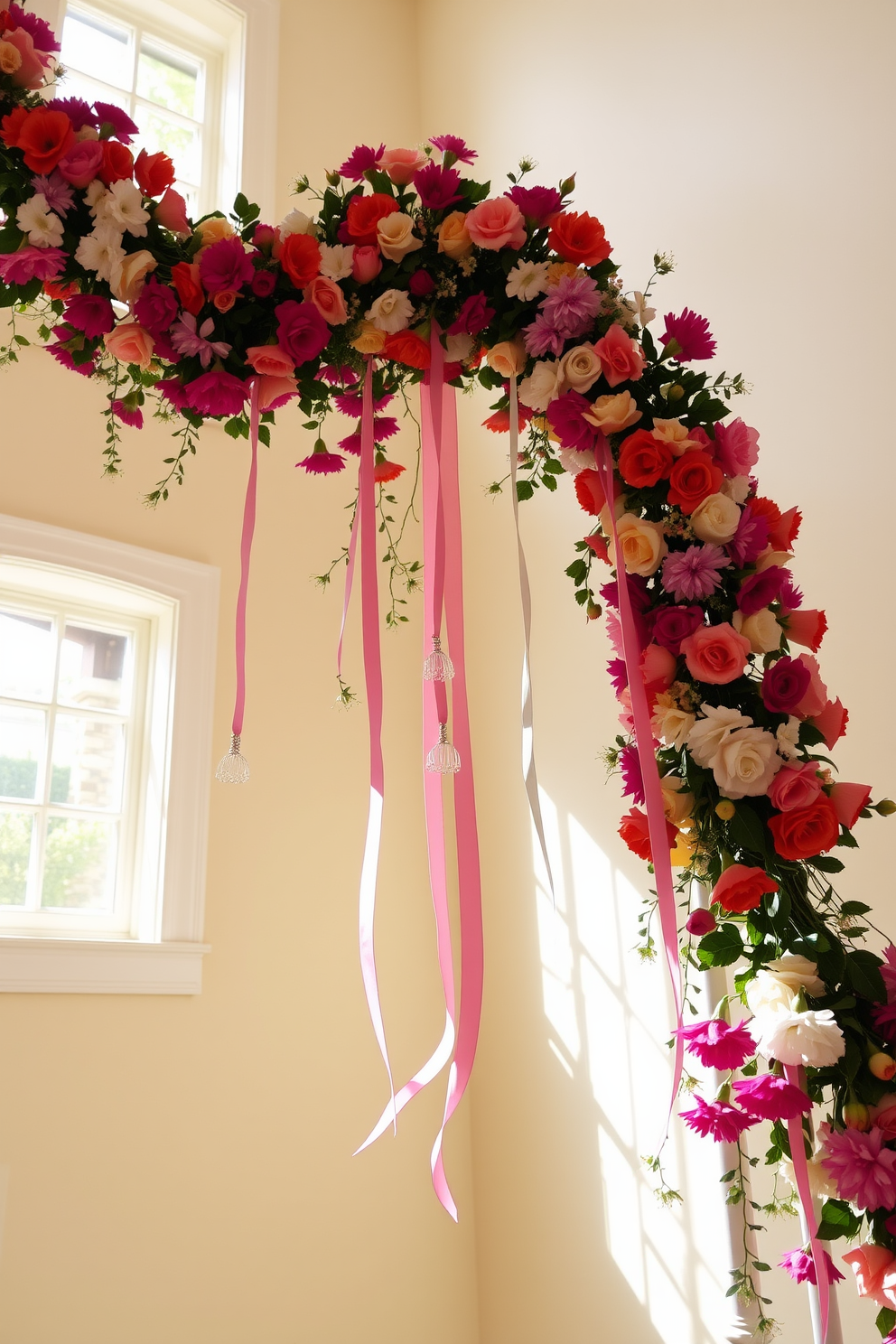 Bright floral garlands drape elegantly over the railing of a sunlit staircase. The vibrant colors of the flowers create a cheerful atmosphere, enhancing the natural beauty of the space. Delicate ribbons intertwine with the garlands, adding a touch of whimsy and charm. Soft lighting from nearby windows highlights the intricate details of the floral arrangement, making the staircase a stunning focal point.