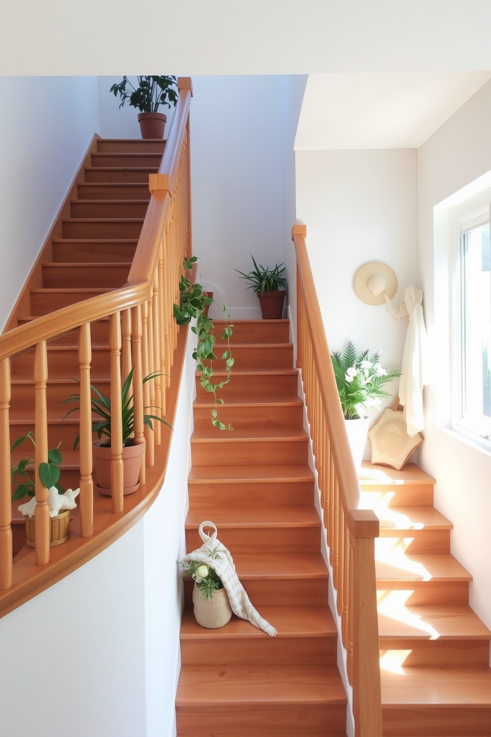 A bright and airy staircase adorned with natural wood elements creates a warm and inviting atmosphere. The wooden handrail and steps are complemented by potted plants on each landing, adding a touch of greenery and life to the space. Soft, neutral tones on the walls enhance the warmth of the wood while allowing natural light to flow freely. Decorative summer-themed accents, such as seashells and light fabrics, are tastefully arranged along the staircase to evoke a breezy, seasonal feel.