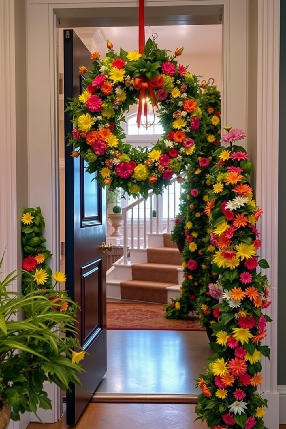 A vibrant seasonal wreath adorns the front door, featuring an array of colorful flowers and greenery that reflect the essence of summer. The entrance is welcoming, inviting guests to explore the beautifully decorated interior. The staircase is elegantly decorated with garlands of bright green leaves and blooming summer flowers, creating a lively atmosphere. Soft, ambient lighting highlights the decorations, enhancing the charm of the space.