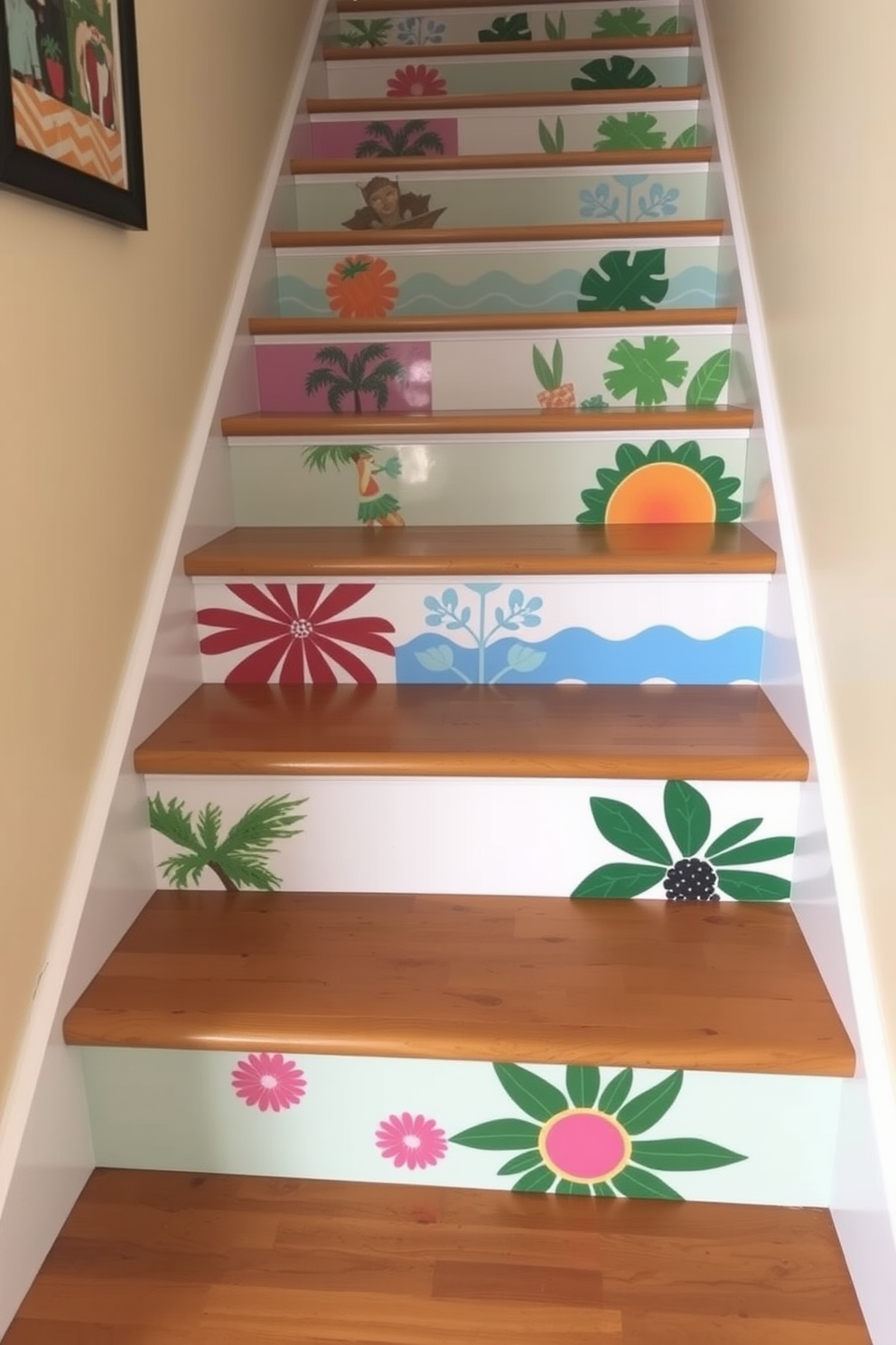 A vibrant staircase with DIY painted risers showcasing a mix of tropical colors. Each riser features a unique pattern inspired by summer themes, creating a cheerful and inviting atmosphere.