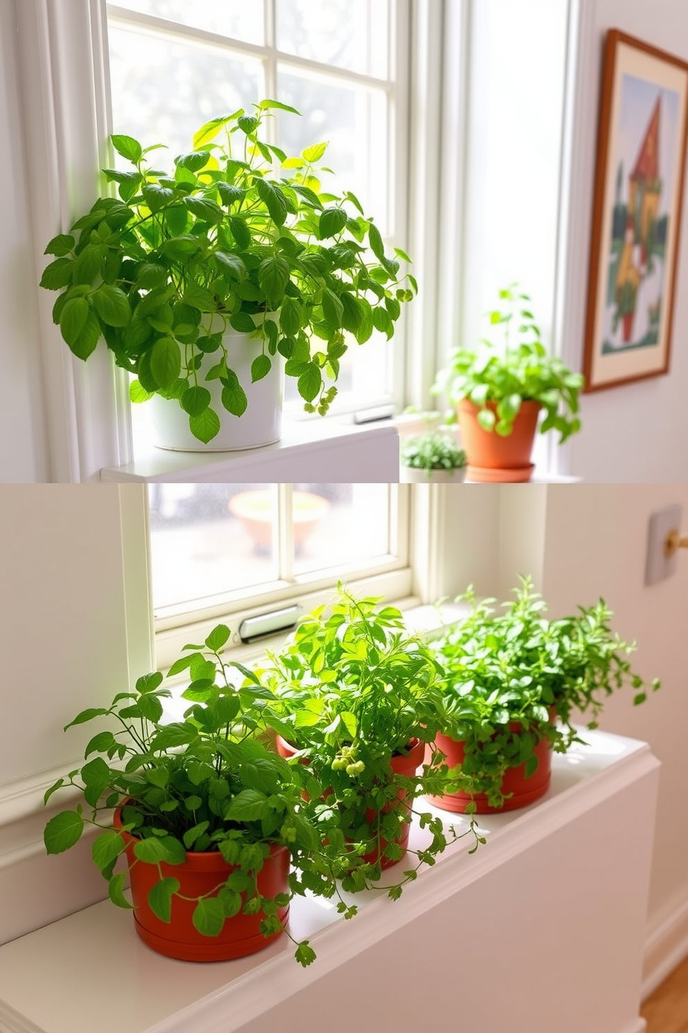 Fresh herbs in small pots arranged on a sunny kitchen windowsill. Each pot features a different variety of herb, such as basil, mint, and rosemary, creating a vibrant and fragrant display. Summer staircase decorating ideas that incorporate bright colors and natural elements. The staircase is adorned with potted plants and cheerful artwork, enhancing the airy and inviting atmosphere of the home.