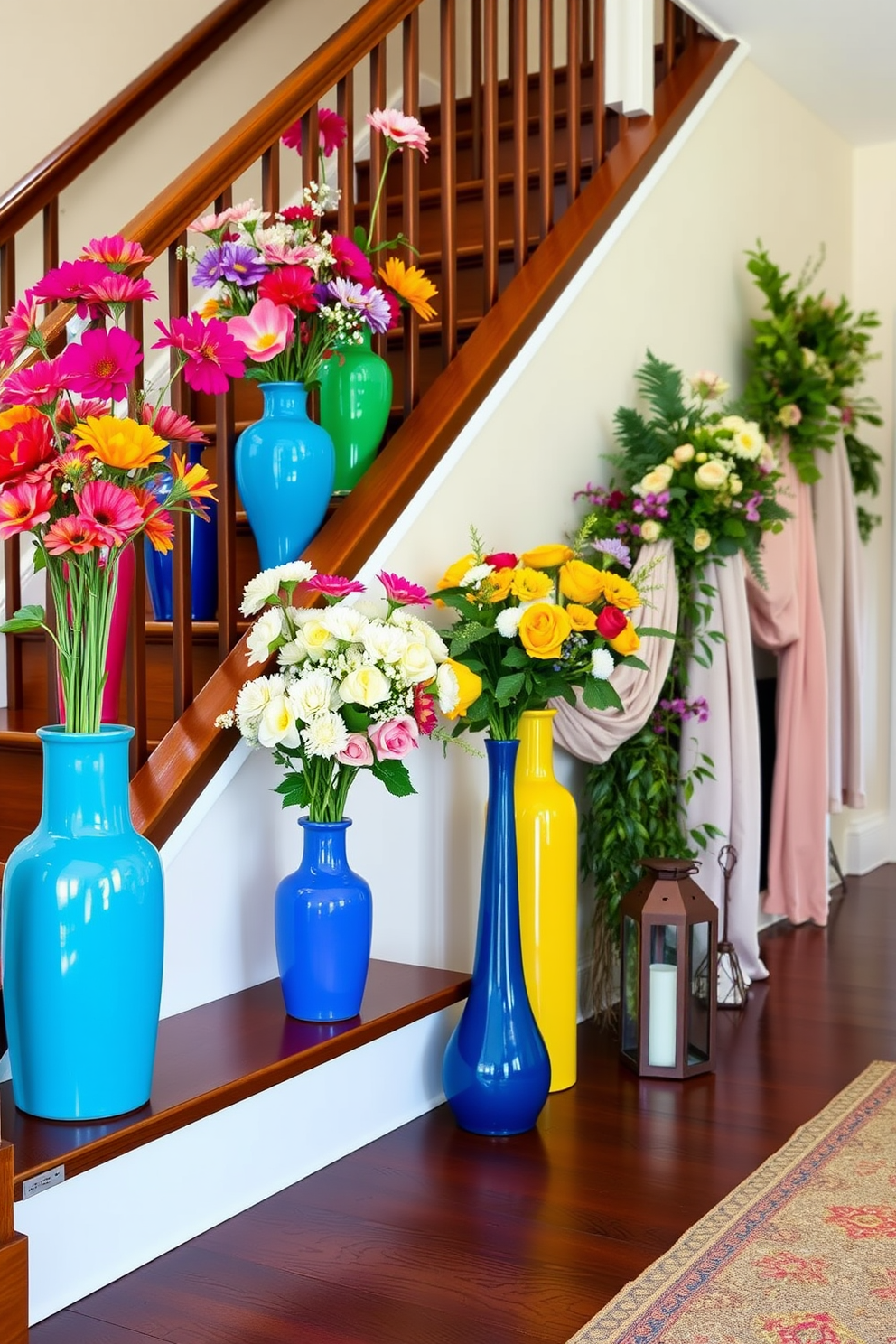 Brightly colored vases filled with vibrant flowers are arranged on a sleek wooden staircase. The vases vary in height and shape, creating an eye-catching display that brings life and color to the space. Summer staircase decorating ideas include draping soft, lightweight fabrics along the railing. Fresh greenery and seasonal blooms are interspersed with decorative lanterns to enhance the cheerful ambiance.