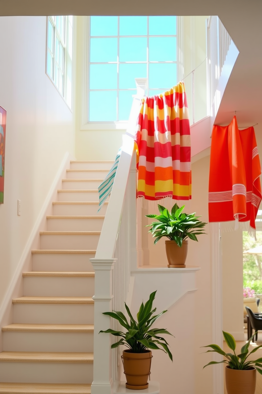 A bright and airy staircase adorned with beach towels artfully draped over the railing creates a relaxed summer vibe. The towels feature vibrant colors and patterns, complementing the natural light that floods the space. Lush greenery in decorative pots is placed strategically along the staircase to enhance the coastal theme. Soft, warm lighting illuminates the area, inviting guests to enjoy the cheerful ambiance.