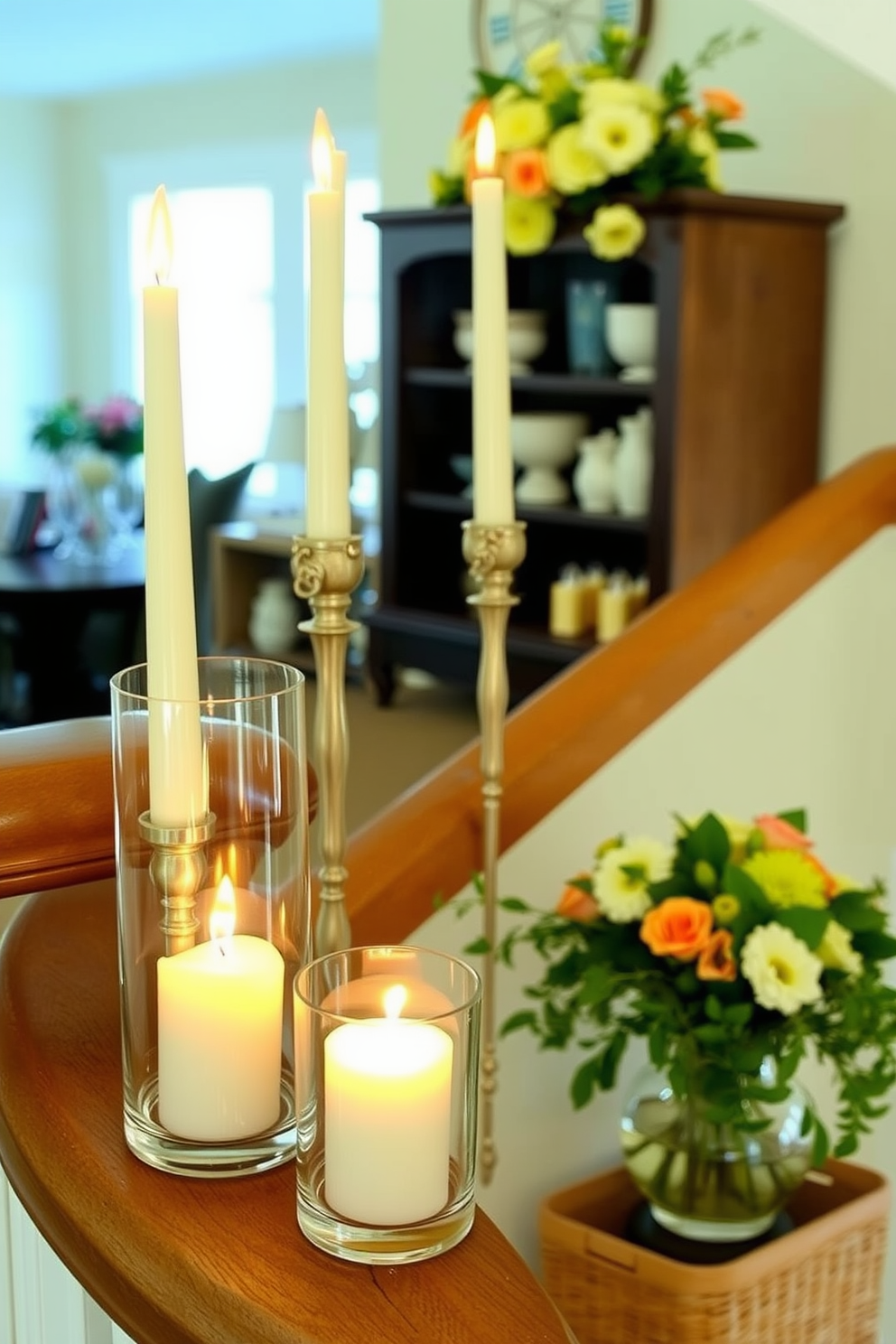 Candle arrangements in glass holders create a warm and inviting atmosphere. The soft glow of the candles reflects beautifully off the glass, enhancing the overall elegance of the space. For summer staircase decorating ideas, consider using vibrant floral arrangements and light-colored accents. Incorporate natural elements like woven baskets and greenery to bring a refreshing feel to the staircase.