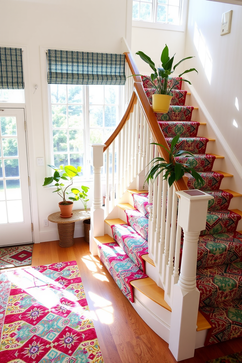 A vibrant staircase adorned with colorful patterned stair runners creates a lively atmosphere. The runners feature a mix of geometric and floral designs, complementing the natural light streaming in from large windows. The walls are painted in a soft white, allowing the colors of the runners to pop. Potted plants are placed on the landing, adding a touch of greenery and enhancing the summer decor.