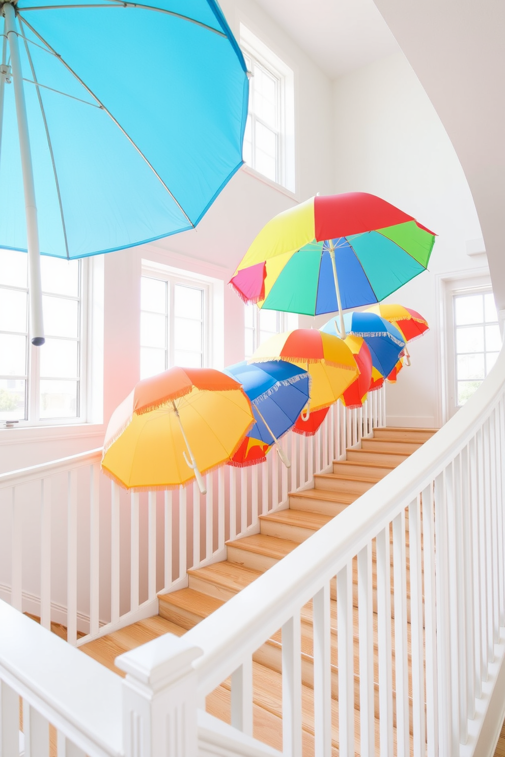 Colorful beach umbrellas are arranged along a bright and airy staircase, adding a playful touch to the space. The umbrellas are positioned at various heights, creating a vibrant and cheerful atmosphere that captures the essence of summer. The staircase is adorned with light wooden steps, complemented by white railings that enhance the overall brightness. Soft, natural light filters through large windows, illuminating the colorful decor and creating a welcoming environment.