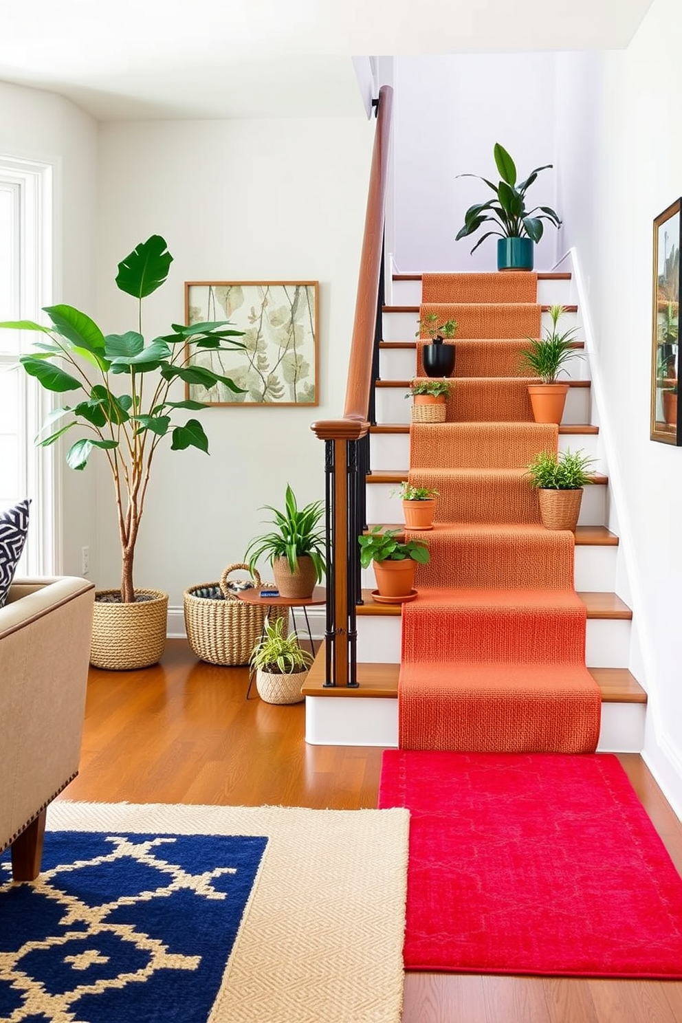 Layered rugs in vibrant colors and various textures create a cozy and inviting atmosphere in the living room. The top rug features a bold geometric pattern, while the bottom rug adds warmth with its soft, neutral tones. For summer staircase decorating ideas, consider using potted plants on each step to bring life and freshness to the space. Brightly colored stair runners can also enhance the visual appeal, creating a cheerful and welcoming entrance.