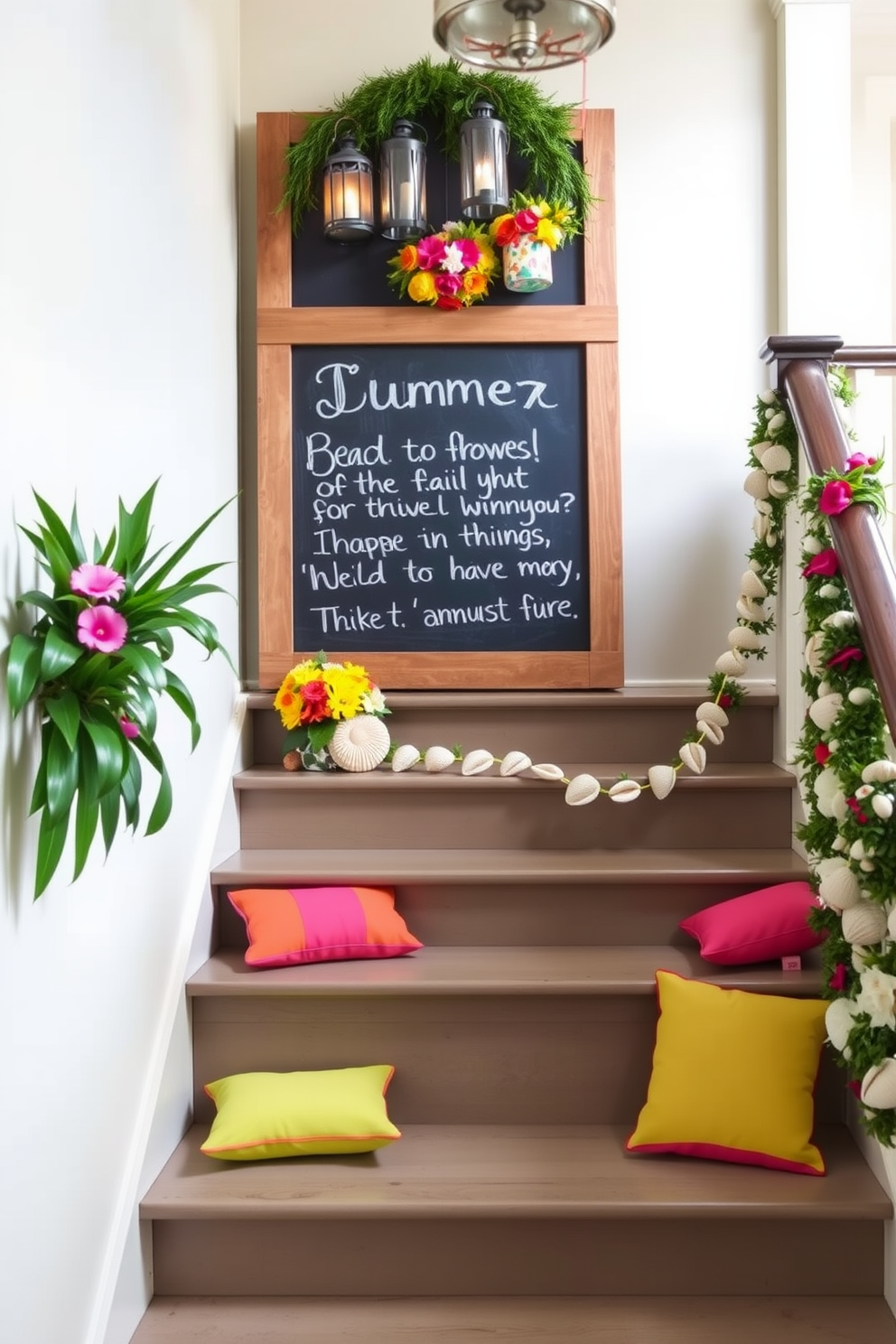 A large chalkboard is mounted on a rustic wooden frame, inviting family and friends to leave cheerful summer messages. The chalkboard is surrounded by vibrant greenery and colorful flowers, creating a lively focal point in the space. The staircase is adorned with a playful mix of summer-themed decorations, including lanterns and garlands of seashells. Brightly colored cushions are placed on the steps, inviting a cozy and welcoming atmosphere.