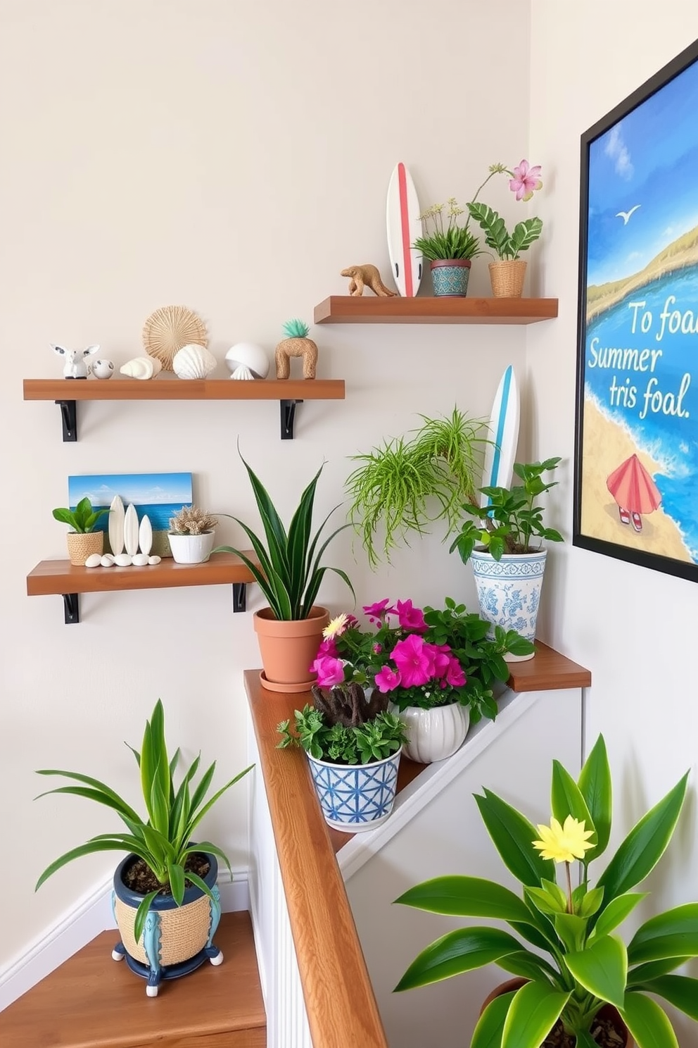 Miniature beach scenes on shelves. Create a collection of small beach-themed decor items such as seashells, driftwood, and miniature surfboards arranged on wooden shelves. Summer staircase decorating ideas. Adorn the staircase with vibrant potted plants and colorful artwork that reflects the essence of summer, creating a cheerful and inviting atmosphere.