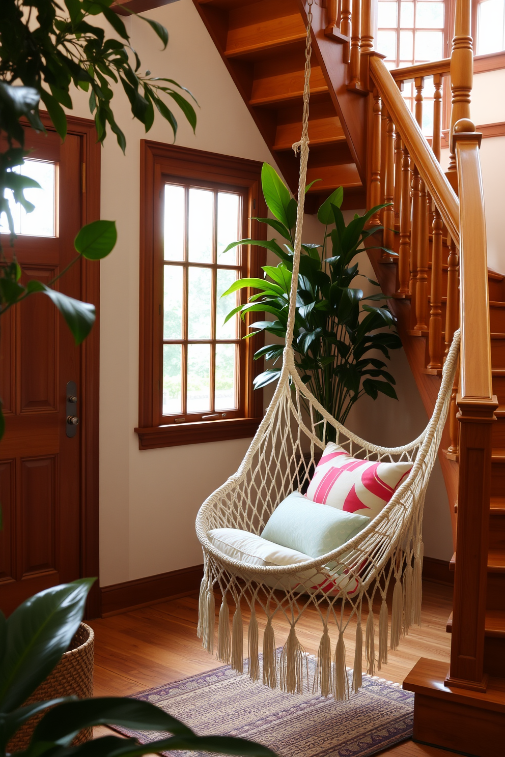 A cozy hammock chair is suspended near a beautifully crafted wooden staircase. The space is adorned with lush green plants and soft natural light filtering through nearby windows. The staircase features a warm wooden finish with subtle decorative elements. Accents of colorful cushions on the hammock chair invite relaxation and a touch of summer charm.