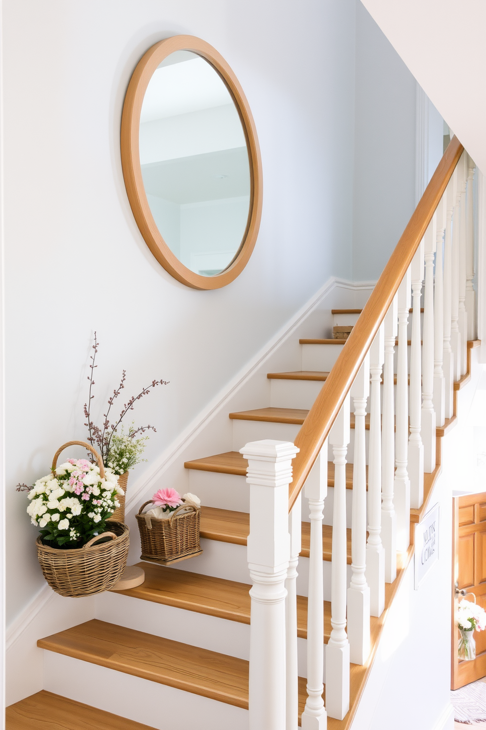 A light and airy staircase adorned with soft pastel colors creates a refreshing ambiance. The walls are painted in a pale blue shade, while the wooden staircase features white balusters and a natural wood handrail. Delicate summer-themed decorations, such as woven baskets filled with fresh flowers, are placed on the steps. A large, round mirror with a light wood frame hangs above the staircase, reflecting the sunlight streaming in through the nearby window.